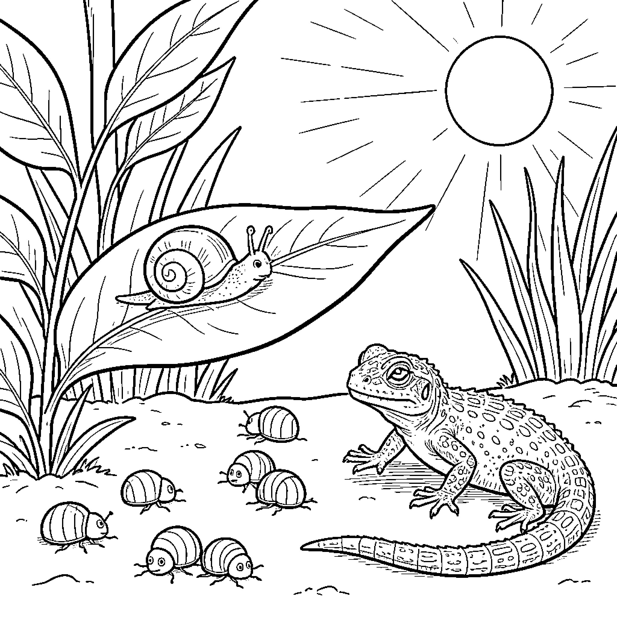 Snail and Frog in a Sunny Garden Coloring Page (free black-and-white line drawing printable PDF for all, from beginners to advanced learners, including children, teens, adults, and seniors)