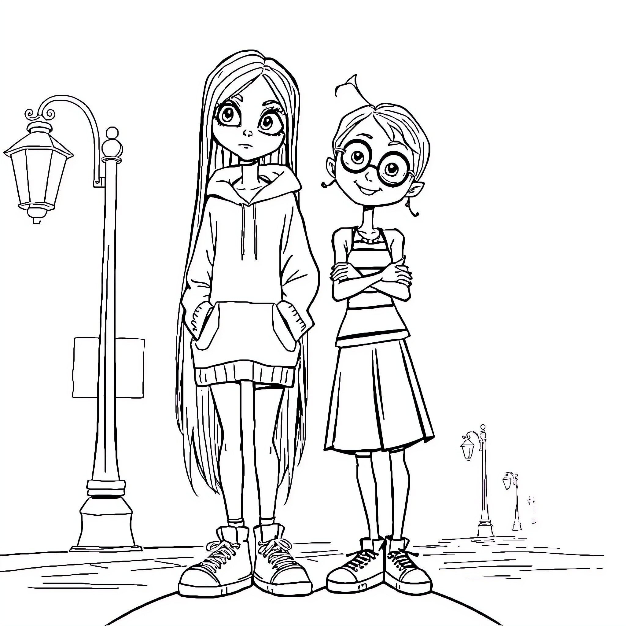 Character in casual outfits standing on the street Coloring Page (free black-and-white line drawing printable PDF for all, from beginners to advanced learners, including children, teens, adults, and seniors)