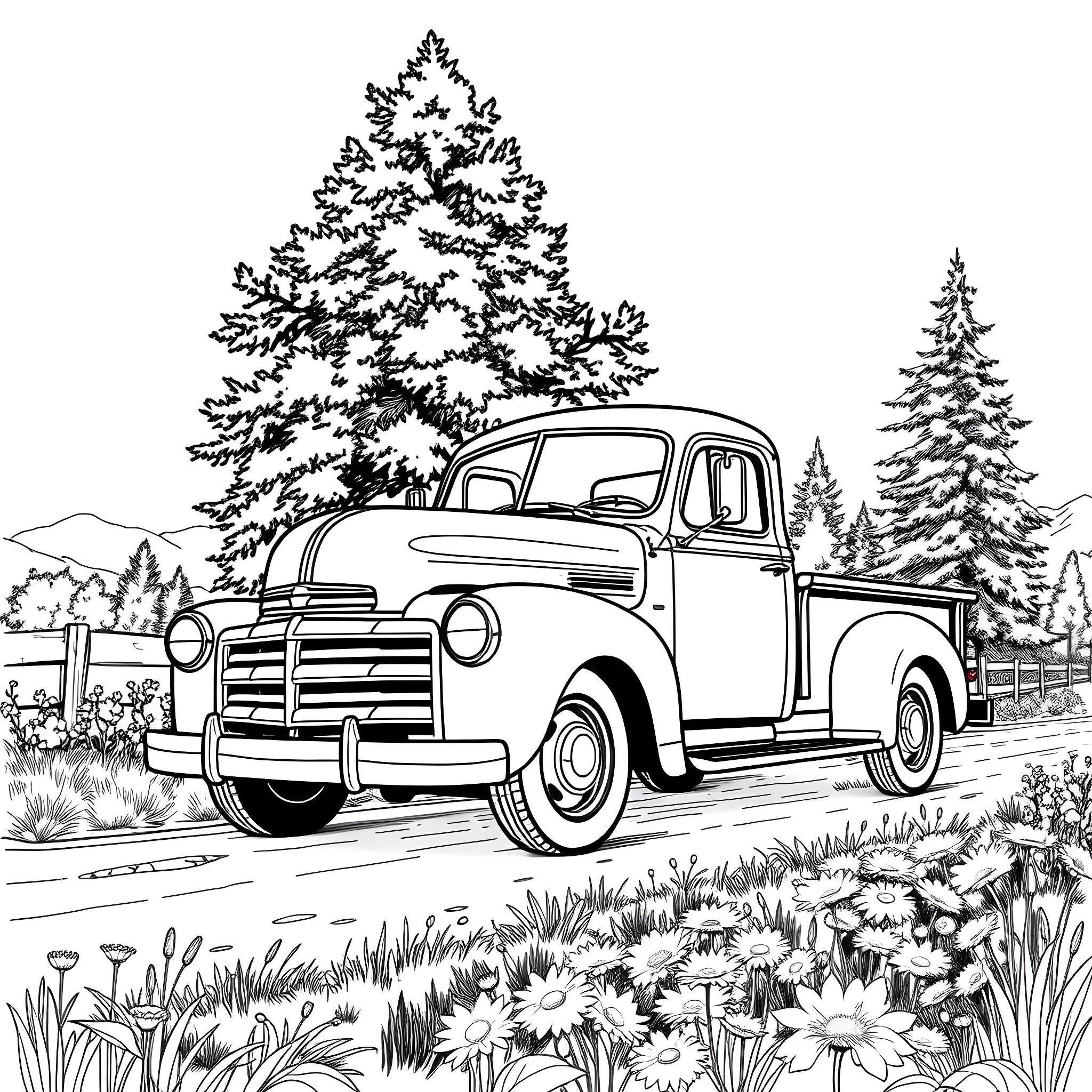 Truck Parked in Snowy Forest Landscape Coloring Page (free black-and-white line drawing printable PDF for all, from beginners to advanced learners, including children, teens, adults, and seniors)