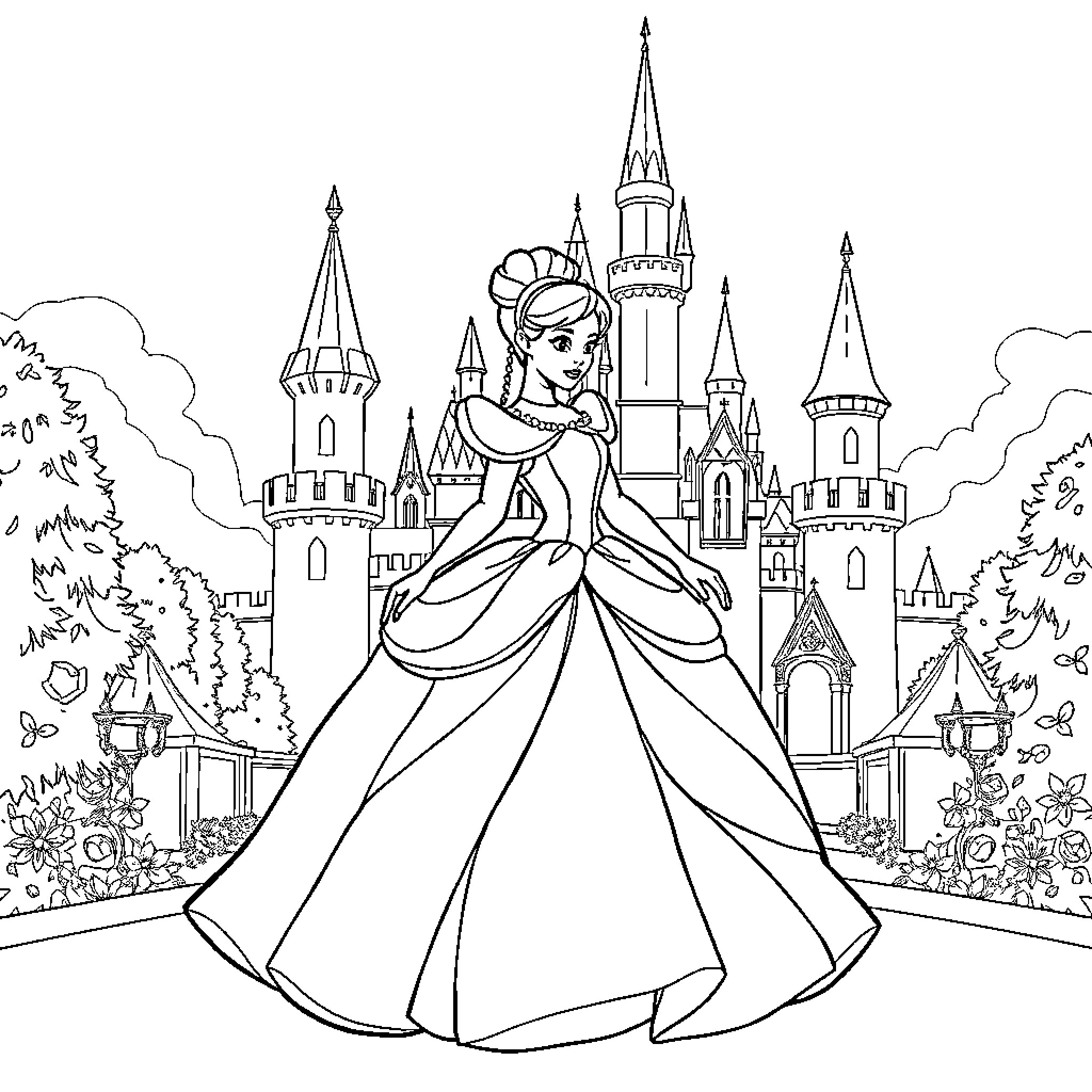 Cinderella in a grand castle scene Coloring Page (free black-and-white line drawing printable PDF for all, from beginners to advanced learners, including children, teens, adults, and seniors)