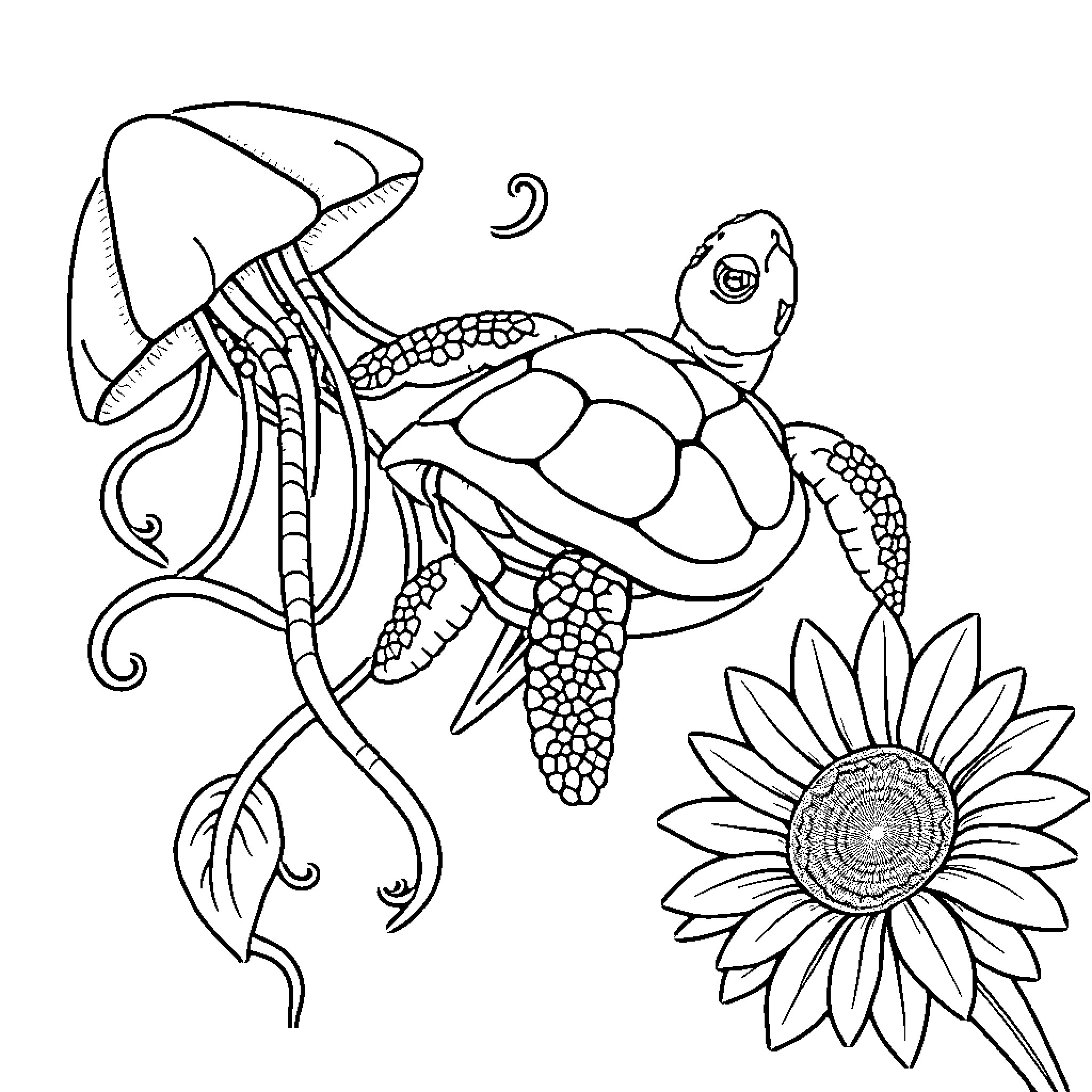 Jellyfish swimming with sunflower in underwater scene Coloring Page (free black-and-white line drawing printable PDF for all, from beginners to advanced learners, including children, teens, adults, and seniors)