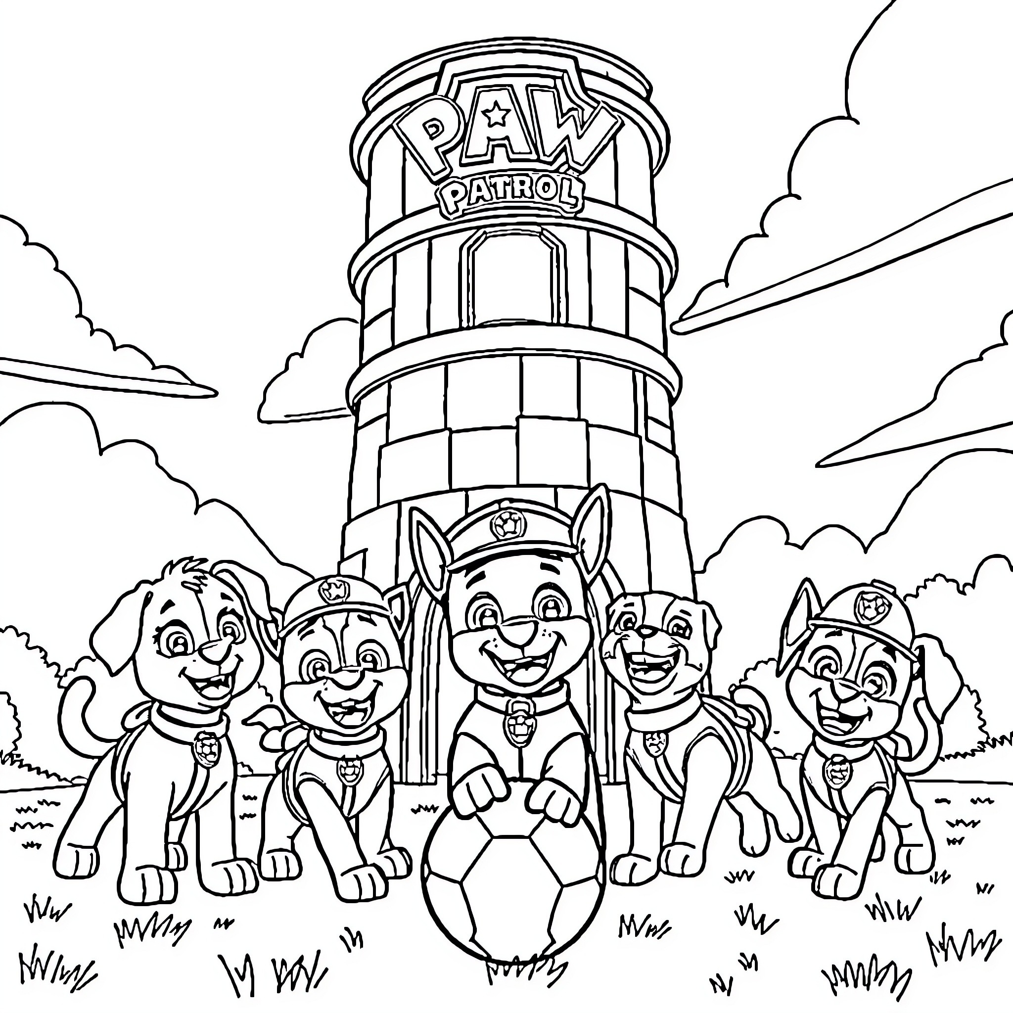 Paw Patrol pups in front of their lookout tower Coloring Page (free black-and-white line drawing printable PDF for all, from beginners to advanced learners, including children, teens, adults, and seniors)