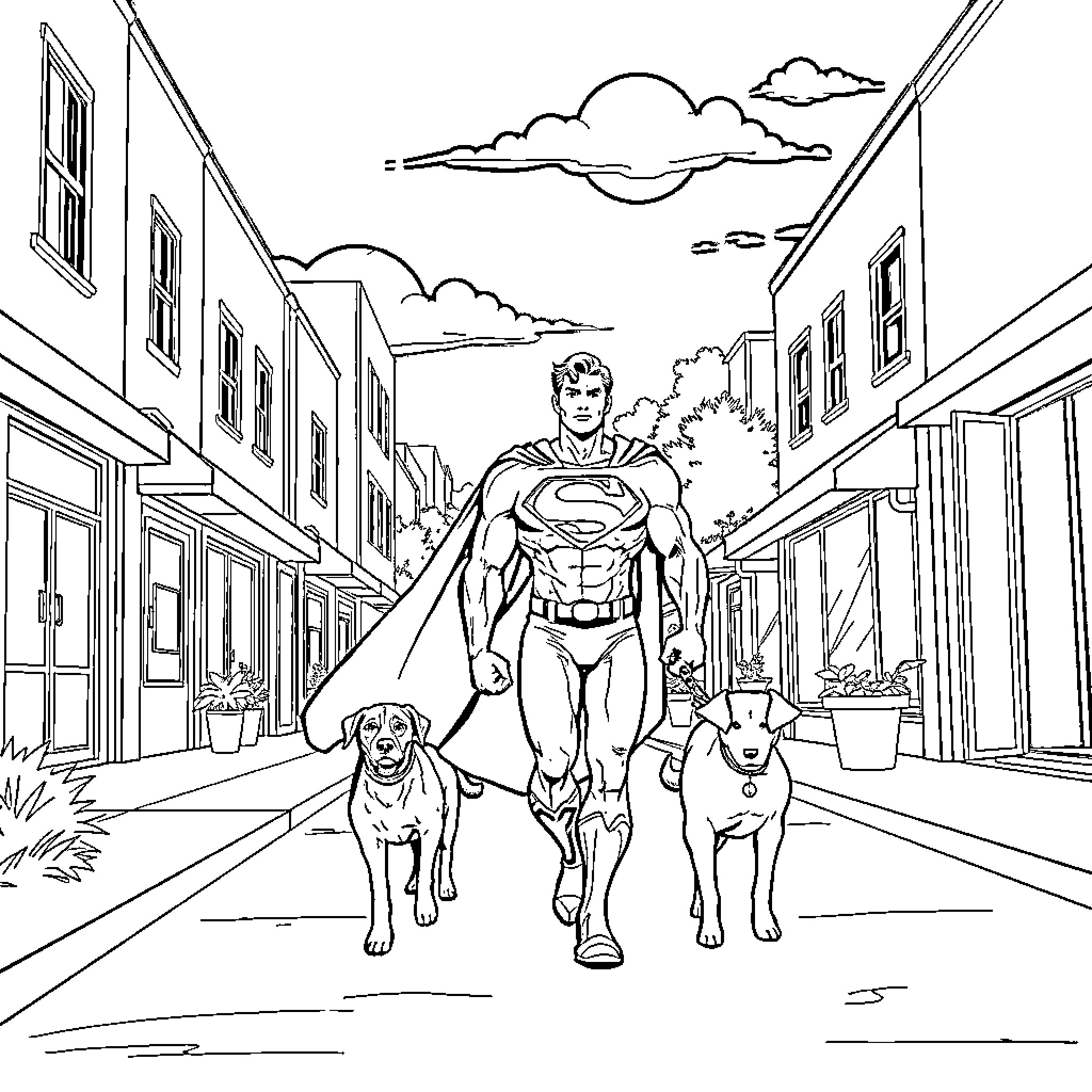 Superman striding confidently with loyal dogs in city street Coloring Page (free black-and-white line drawing printable PDF for all, from beginners to advanced learners, including children, teens, adults, and seniors)