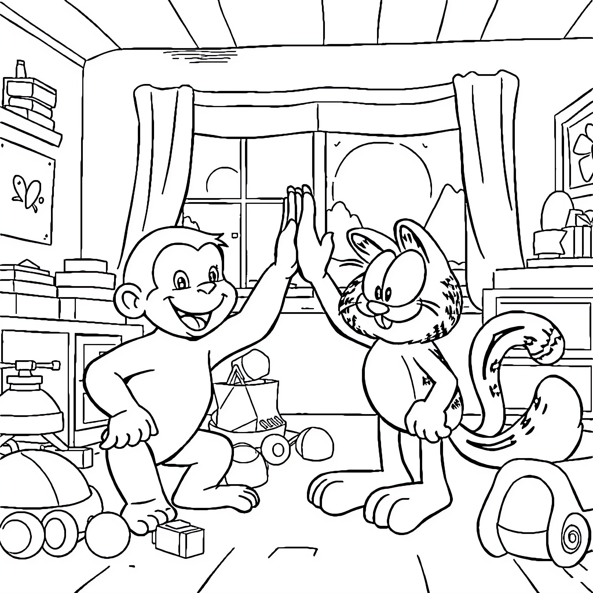 Curious George and Cartoon Friend Playing Together Coloring Page (free black-and-white line drawing printable PDF for all, from beginners to advanced learners, including children, teens, adults, and seniors)