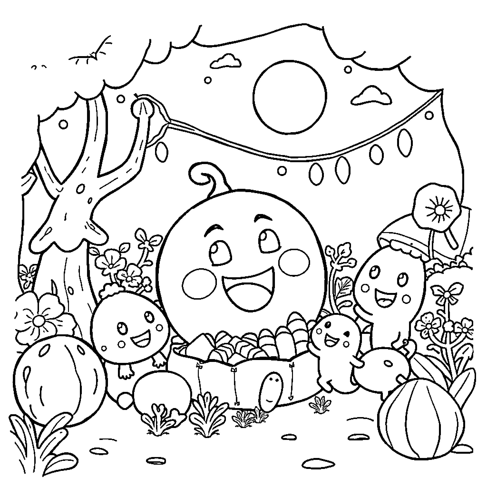 Cocomelon Characters Enjoying a Whimsical Outdoor Scene Coloring Page (free black-and-white line drawing printable PDF for all, from beginners to advanced learners, including children, teens, adults, and seniors)