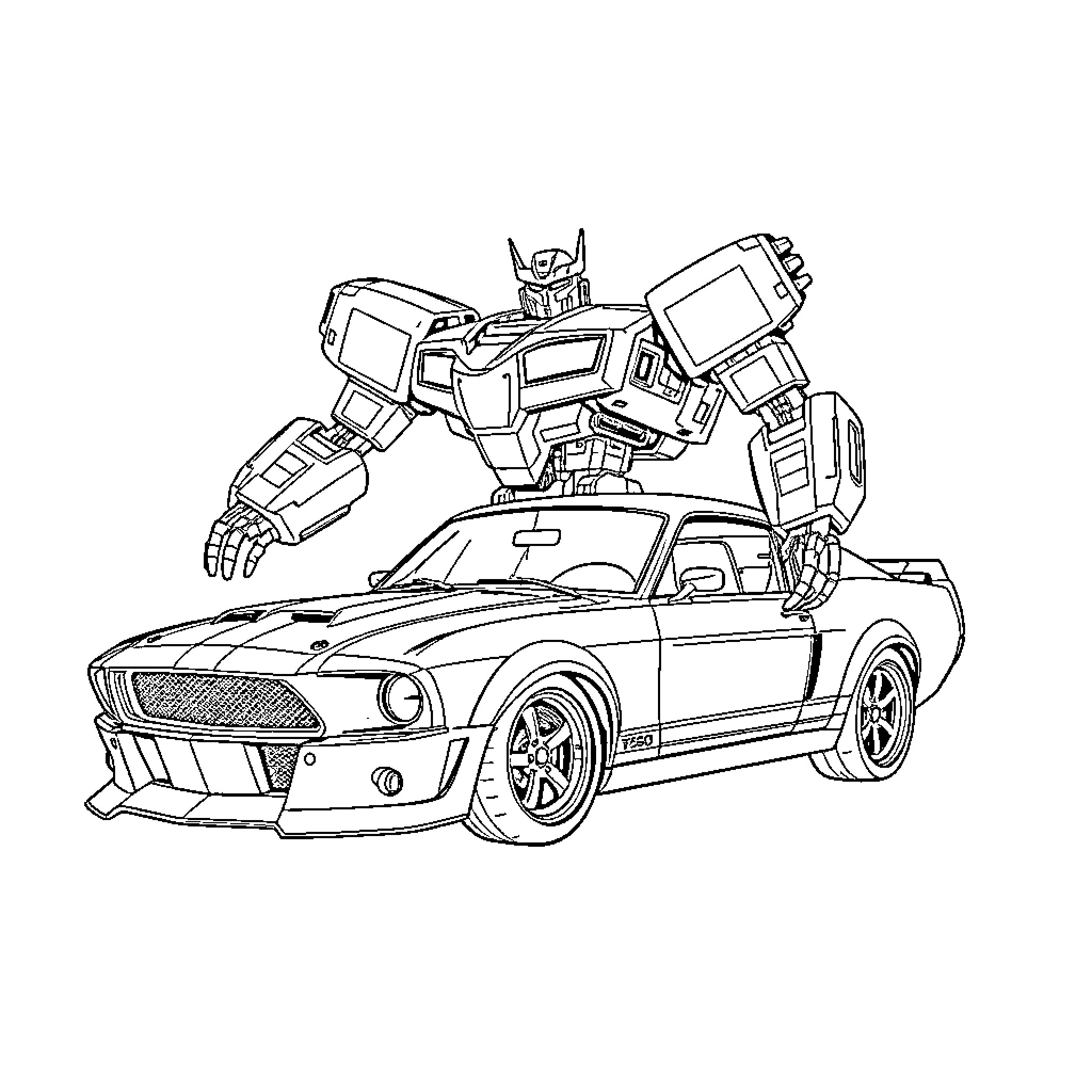 Mustang robot transforming on sports car Coloring Page (free black-and-white line drawing printable PDF for all, from beginners to advanced learners, including children, teens, adults, and seniors)
