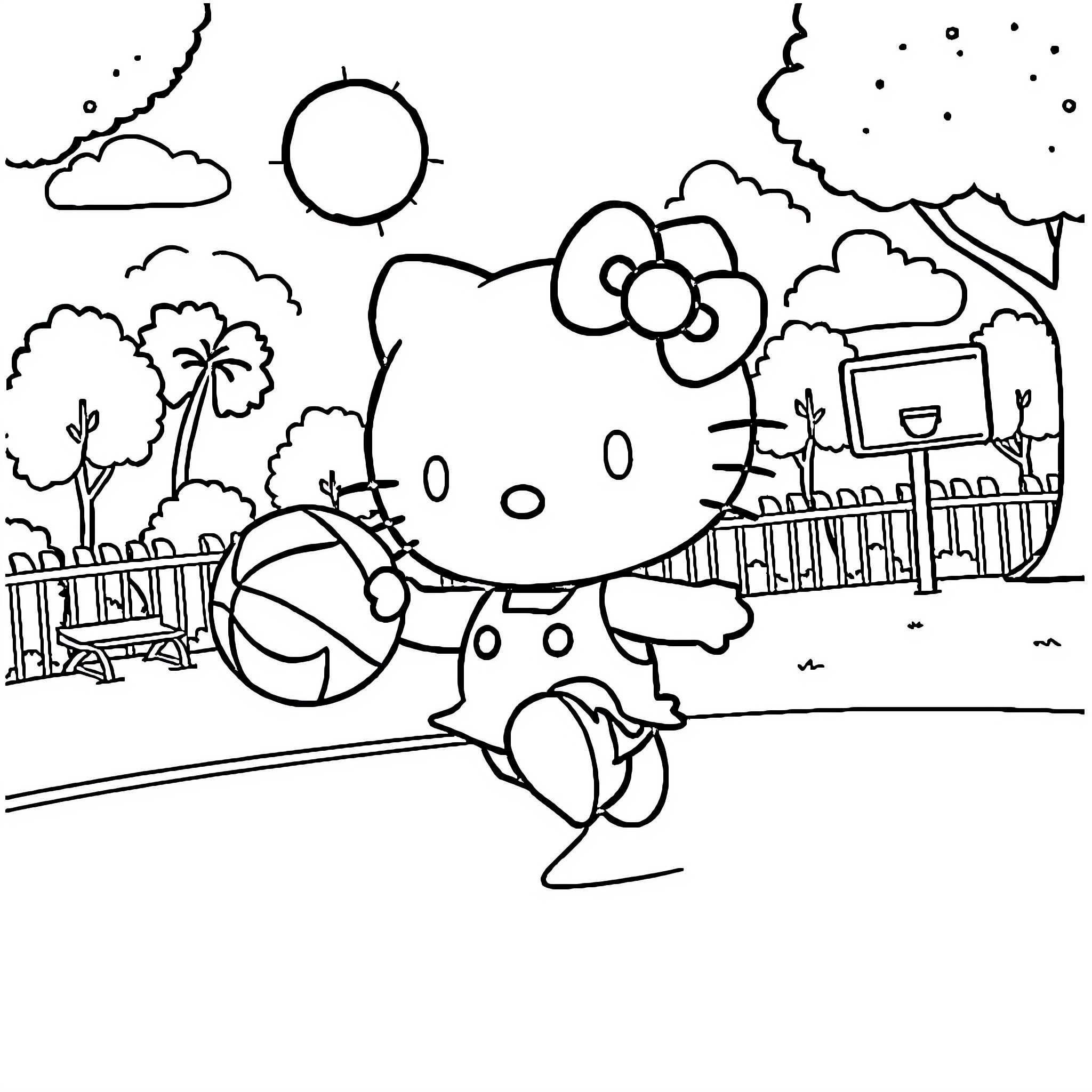 Hello Kitty playing outdoors with a ball Coloring Page (free black-and-white line drawing printable PDF for all, from beginners to advanced learners, including children, teens, adults, and seniors)