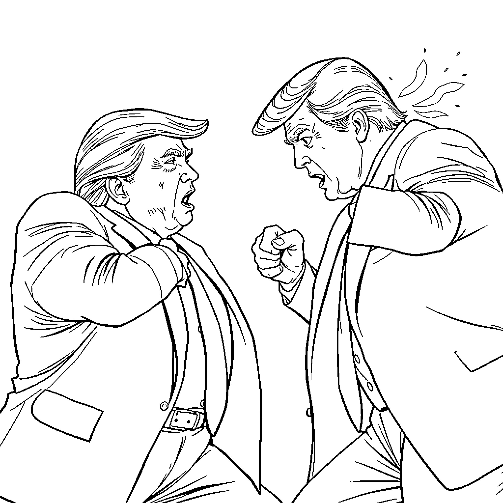 Trump's Heated Confrontation with a Political Rival Coloring Page (free black-and-white line drawing printable PDF for all, from beginners to advanced learners, including children, teens, adults, and seniors)