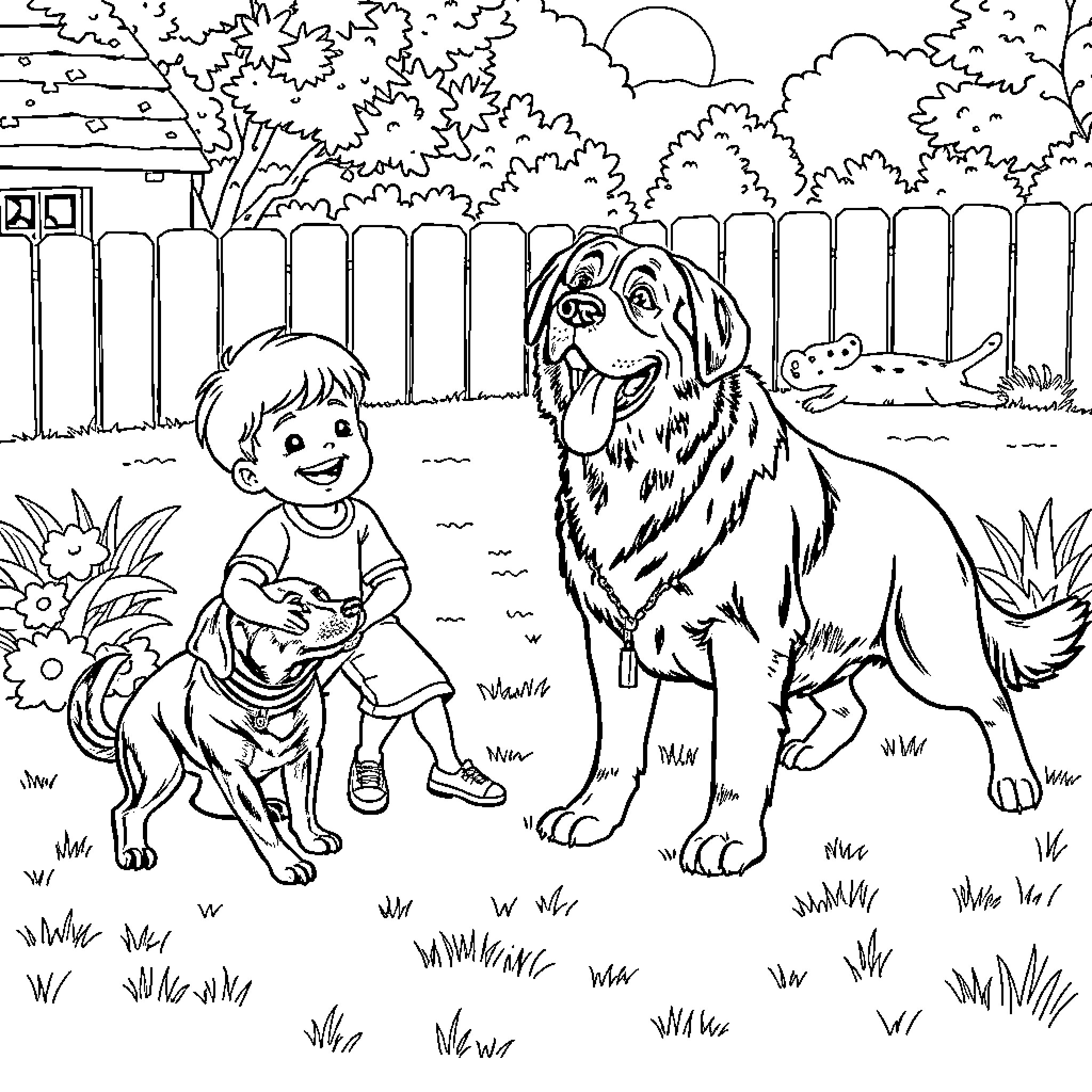 Boy and his Furry Friend Exploring the Yard Coloring Page (free black-and-white line drawing printable PDF for all, from beginners to advanced learners, including children, teens, adults, and seniors)