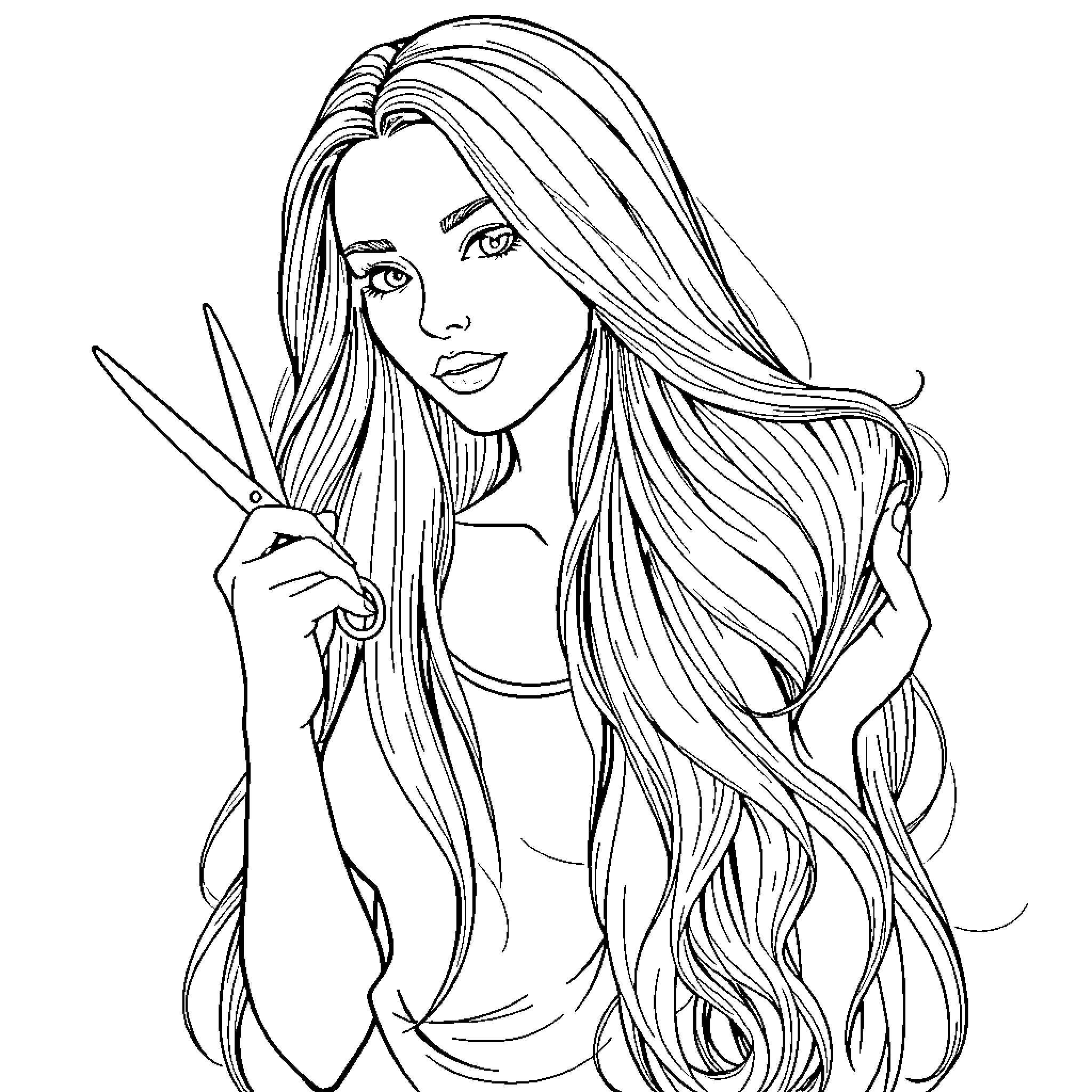 Woman with long, flowing hair and scissors Coloring Page (free black-and-white line drawing printable PDF for all, from beginners to advanced learners, including children, teens, adults, and seniors)