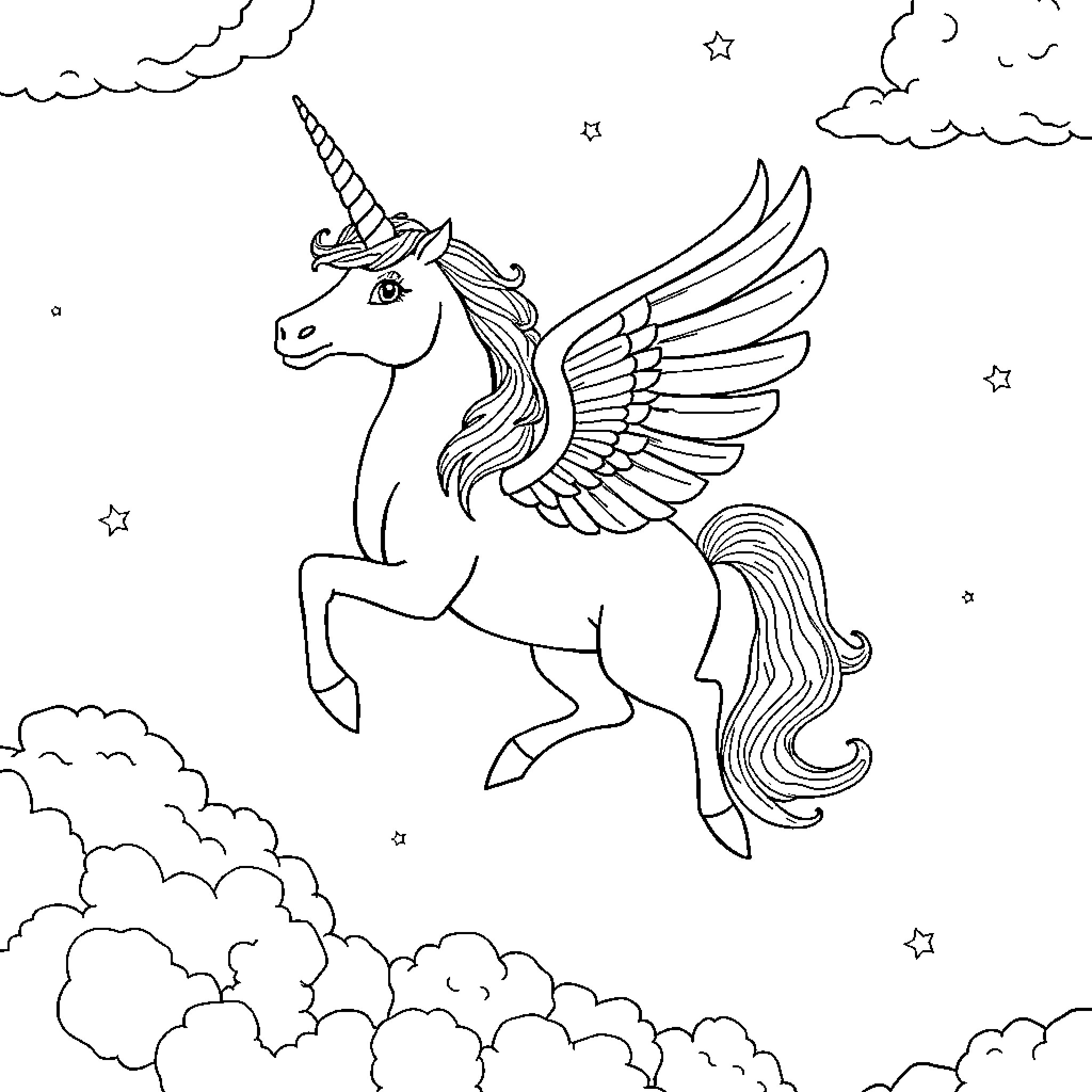 Unicorn soaring through the magical night sky Coloring Page (free black-and-white line drawing printable PDF for all, from beginners to advanced learners, including children, teens, adults, and seniors)
