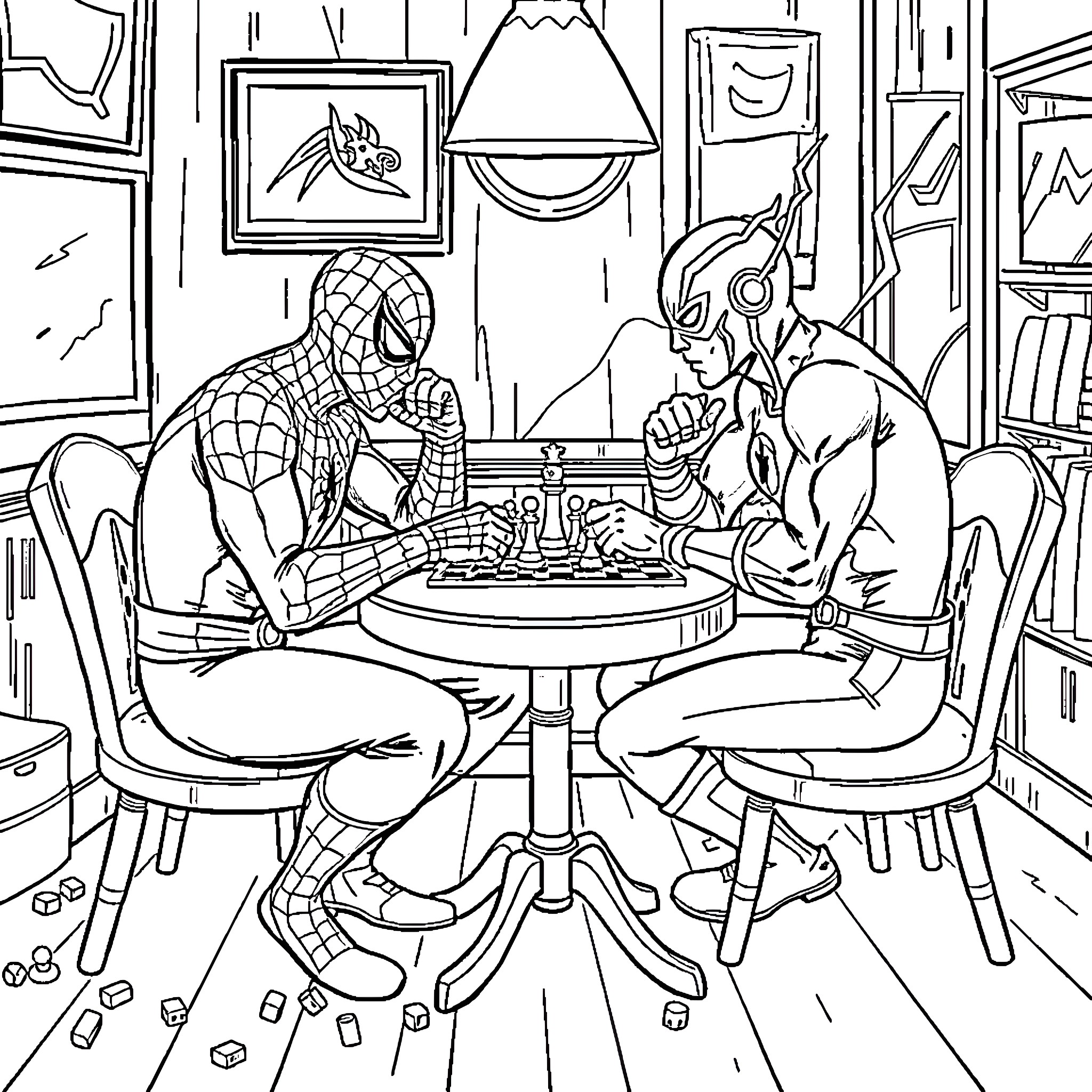 Spiderman Playing Chess with Villain in Cozy Room Coloring Page (free black-and-white line drawing printable PDF for all, from beginners to advanced learners, including children, teens, adults, and seniors)