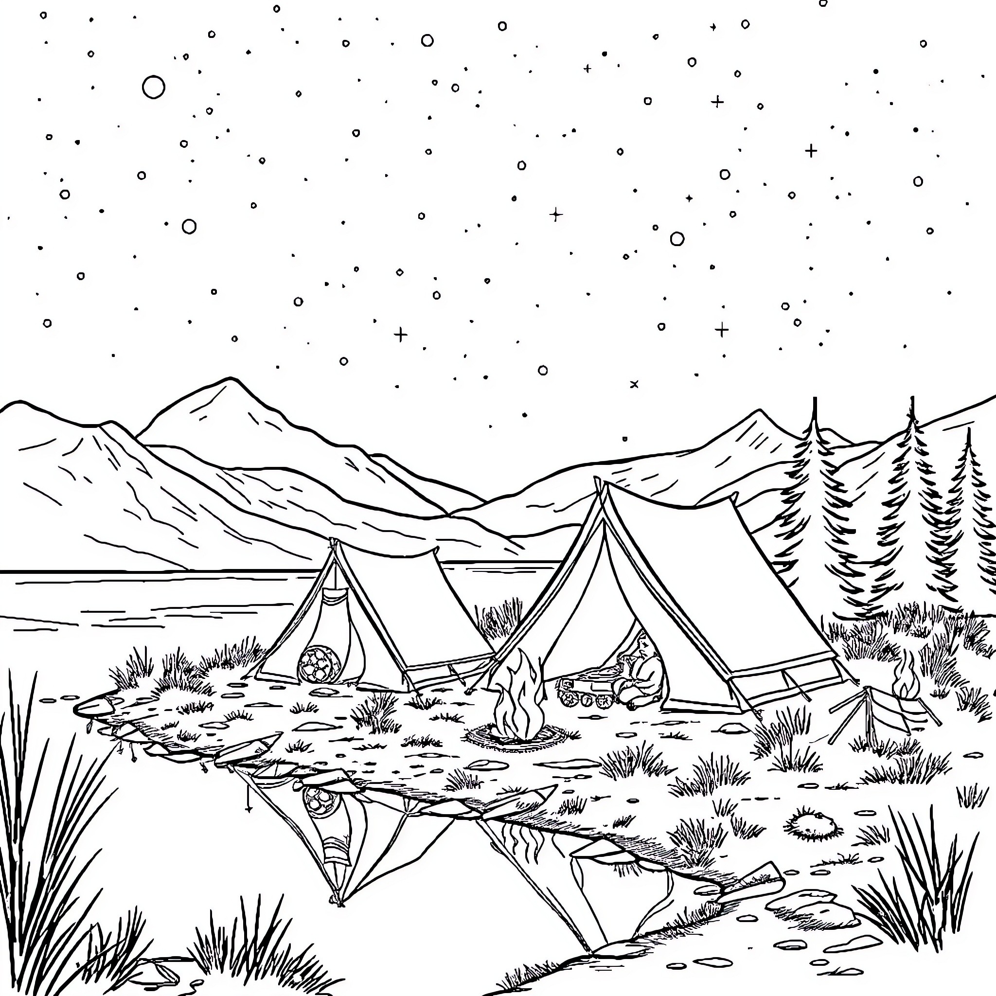 Pat Patrouille camping under the starry night sky Coloring Page (free black-and-white line drawing printable PDF for all, from beginners to advanced learners, including children, teens, adults, and seniors)