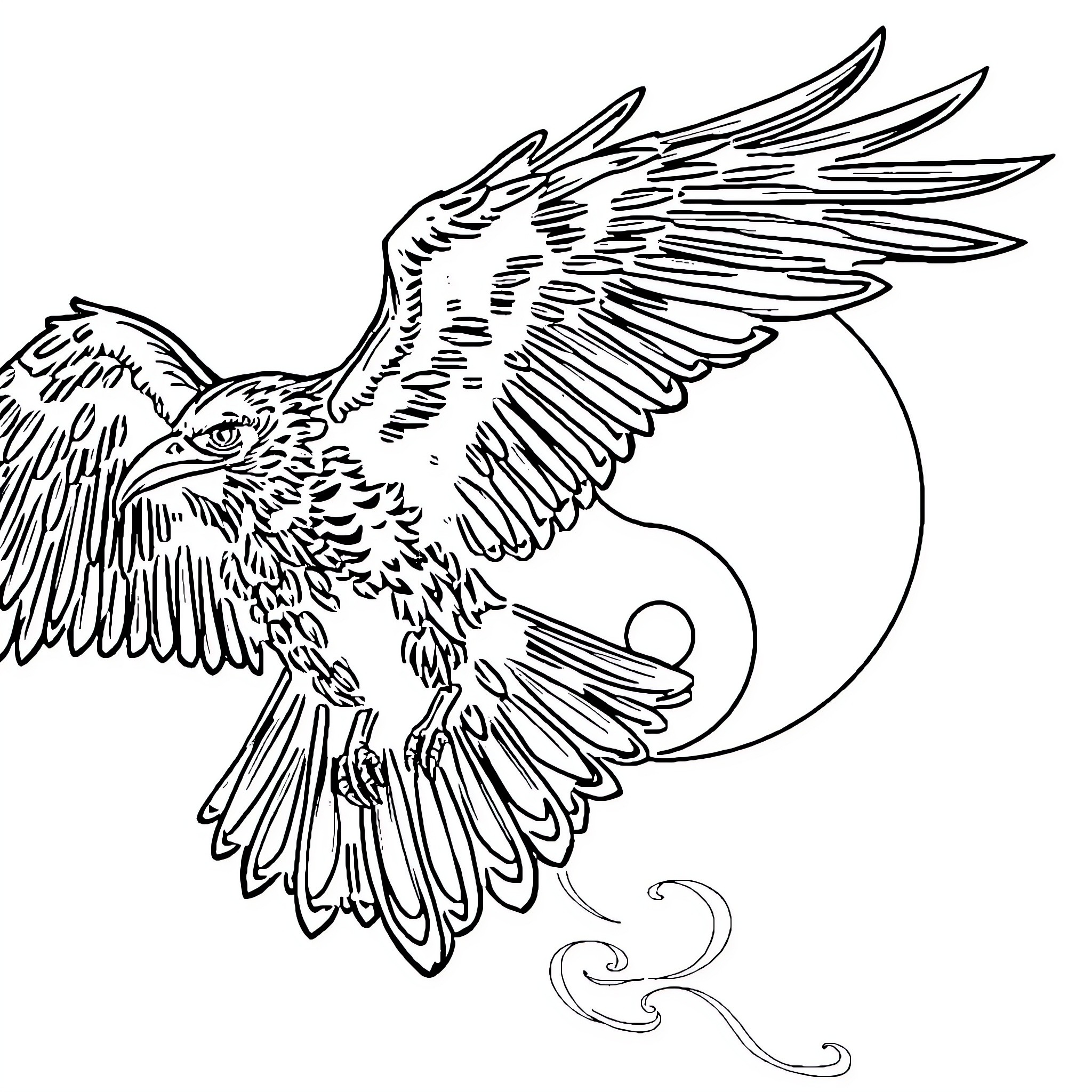 Raven soaring gracefully against the moon Coloring Page (free black-and-white line drawing printable PDF for all, from beginners to advanced learners, including children, teens, adults, and seniors)