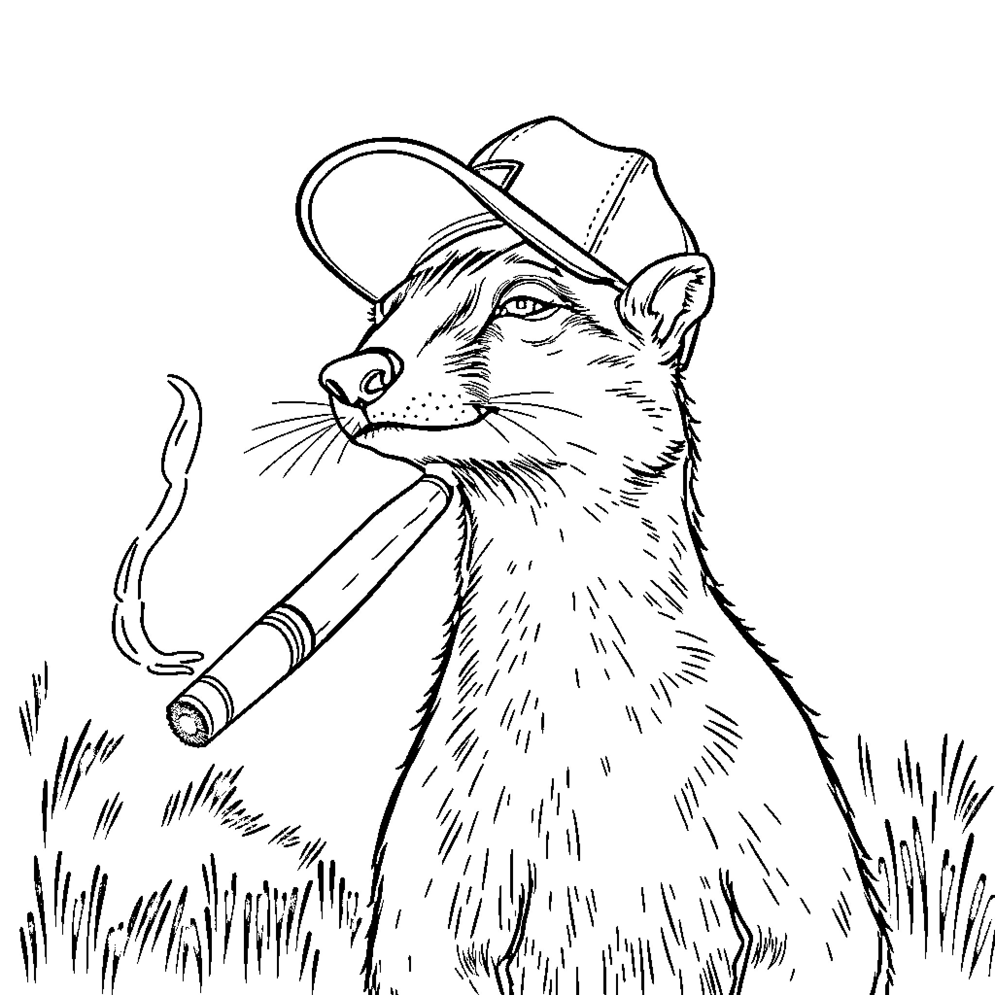 Weasel Wearing a Cap and Holding a Pencil Coloring Page (free black-and-white line drawing printable PDF for all, from beginners to advanced learners, including children, teens, adults, and seniors)