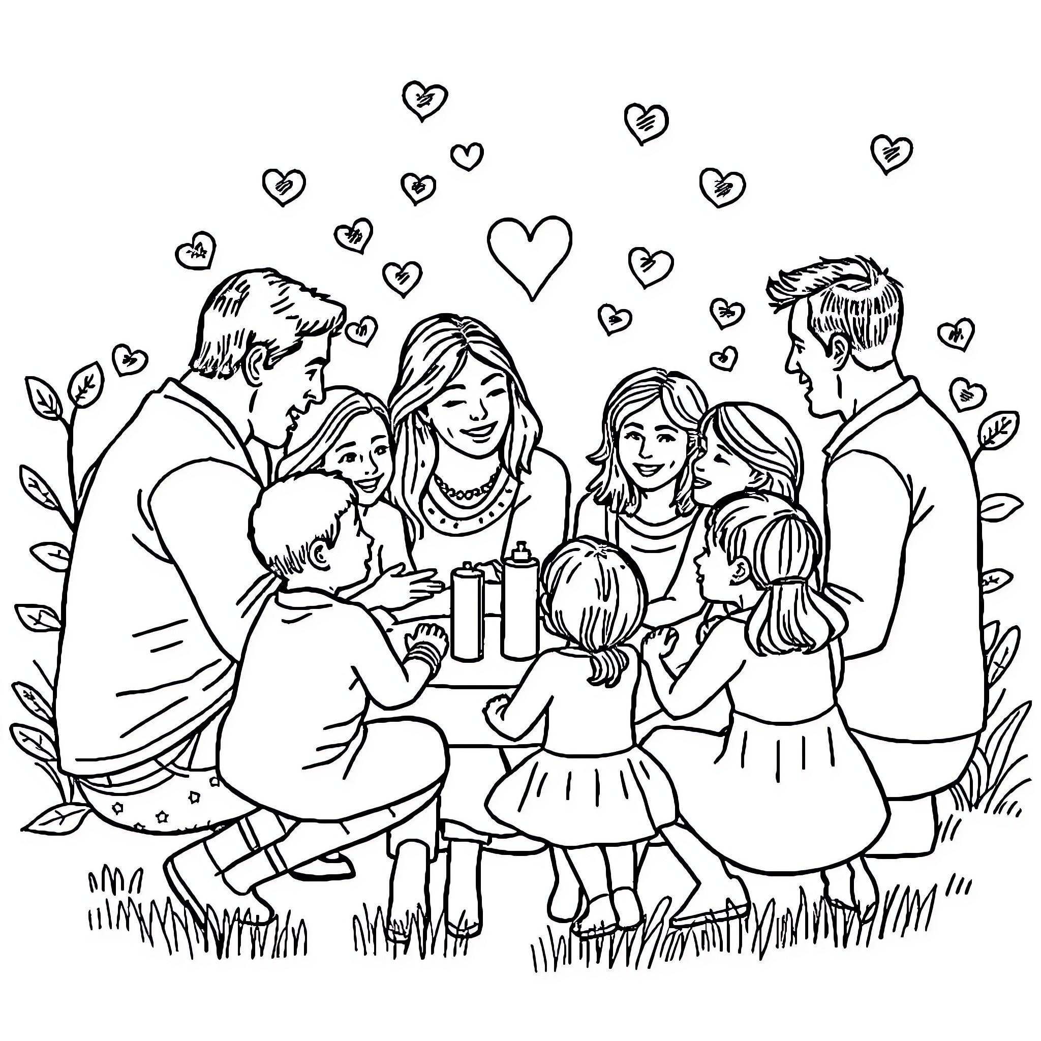 Family Enjoying a Picnic with Expressions of Love Coloring Page (free black-and-white line drawing printable PDF for all, from beginners to advanced learners, including children, teens, adults, and seniors)