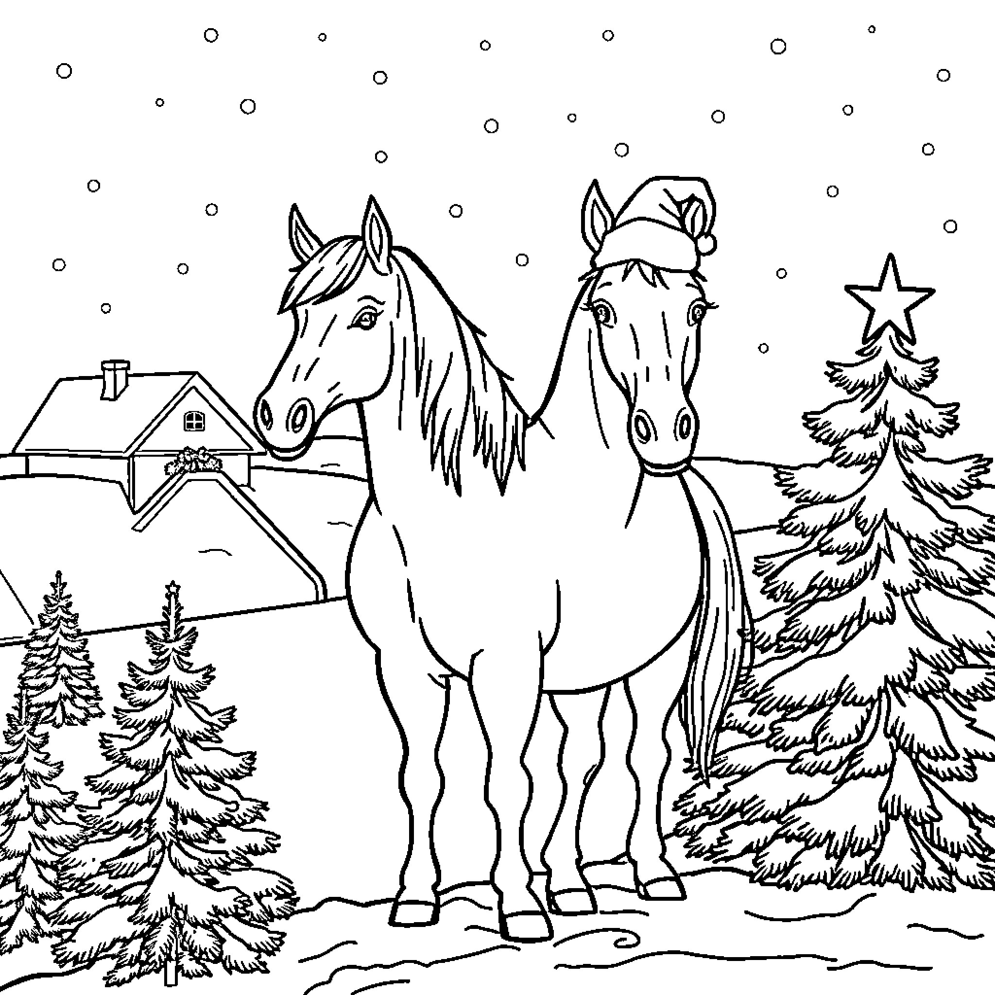 Horse duo in wintry landscape with tree Coloring Page (free black-and-white line drawing printable PDF for all, from beginners to advanced learners, including children, teens, adults, and seniors)