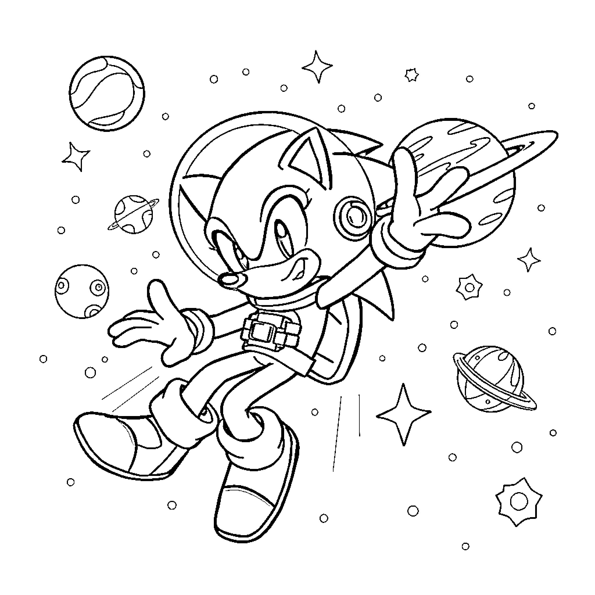 Sonic exploring the cosmic space Coloring Page (free black-and-white line drawing printable PDF for all, from beginners to advanced learners, including children, teens, adults, and seniors)