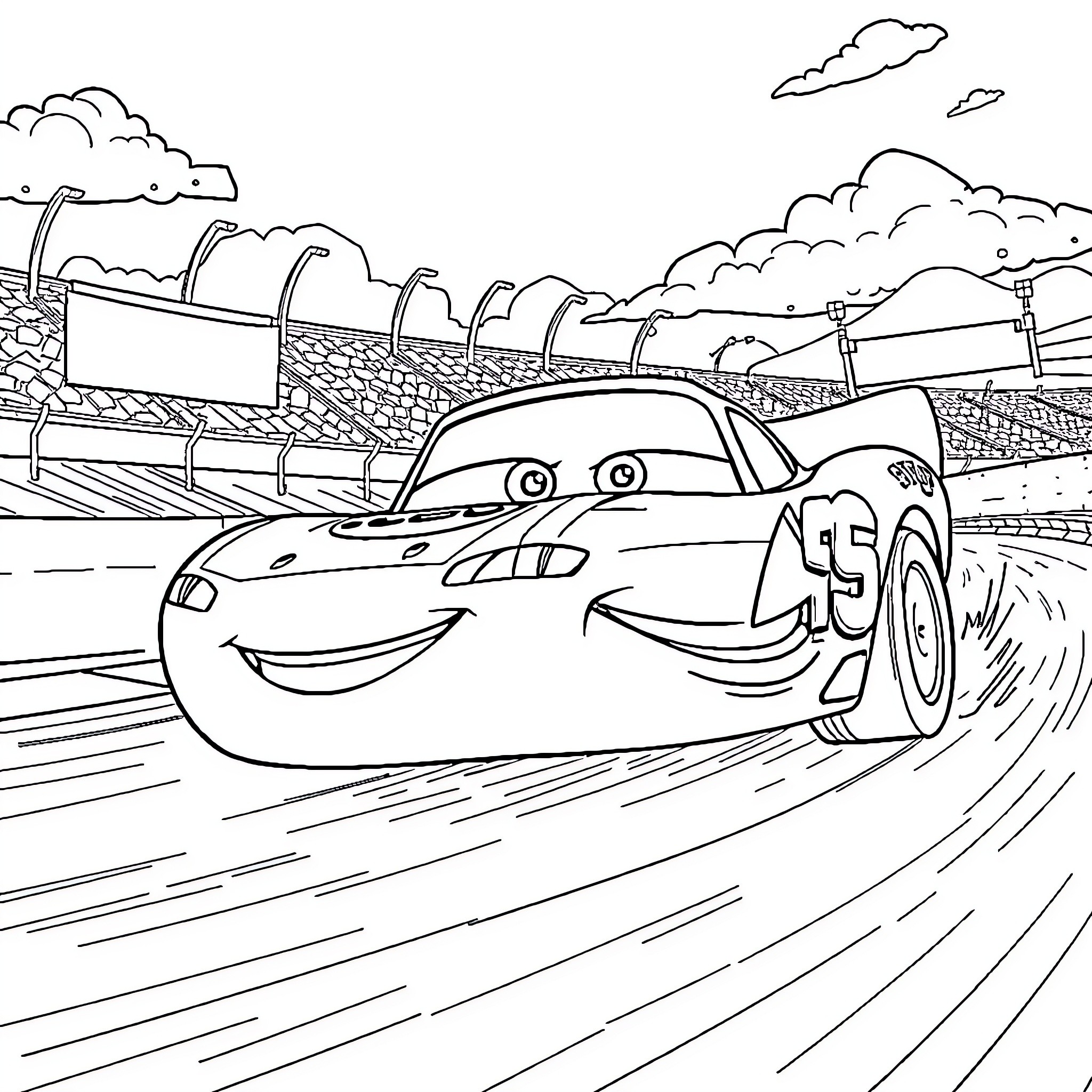 Lightning McQueen racing on the track Coloring Page (free black-and-white line drawing printable PDF for all, from beginners to advanced learners, including children, teens, adults, and seniors)