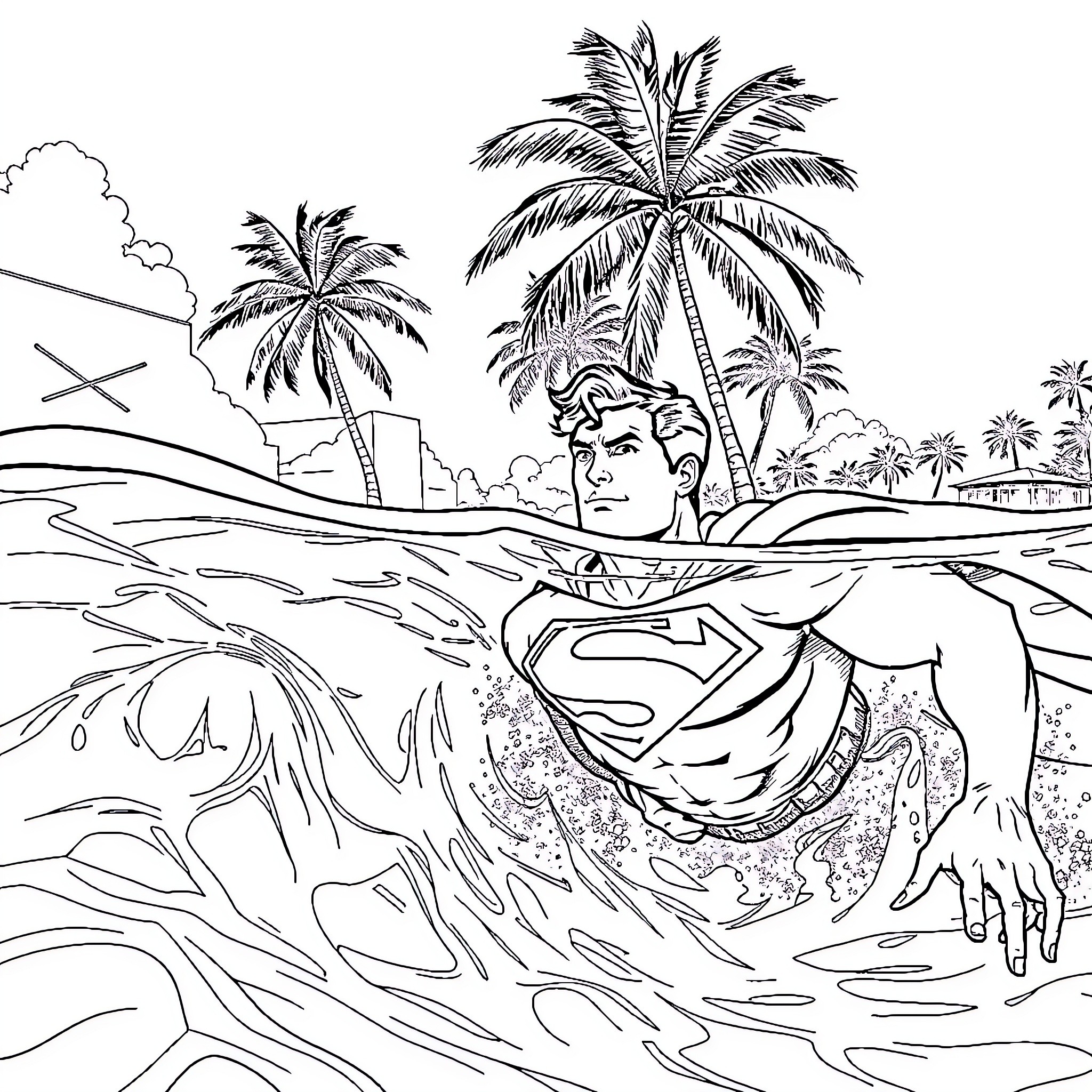 Superman swimming in tropical paradise Coloring Page (free black-and-white line drawing printable PDF for all, from beginners to advanced learners, including children, teens, adults, and seniors)