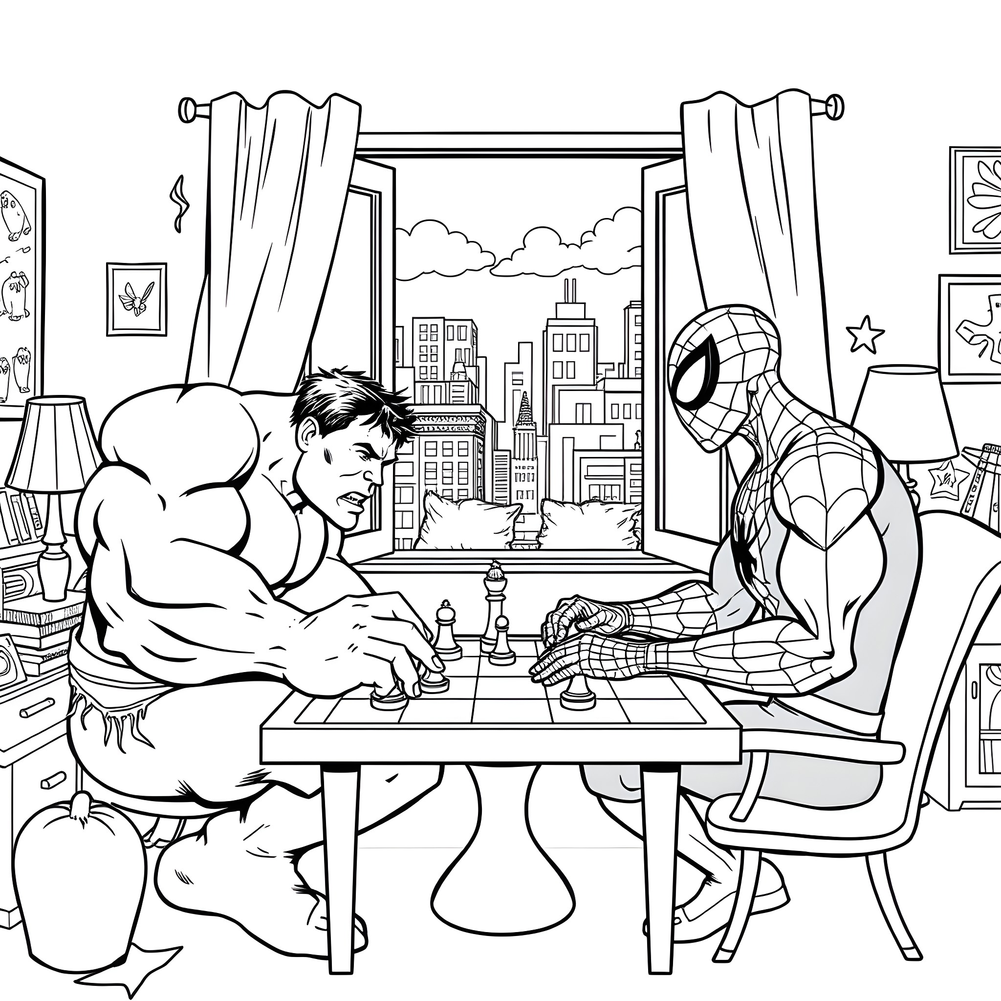 Hulk and Spiderman Playing Chess in the City Coloring Page (free black-and-white line drawing printable PDF for all, from beginners to advanced learners, including children, teens, adults, and seniors)