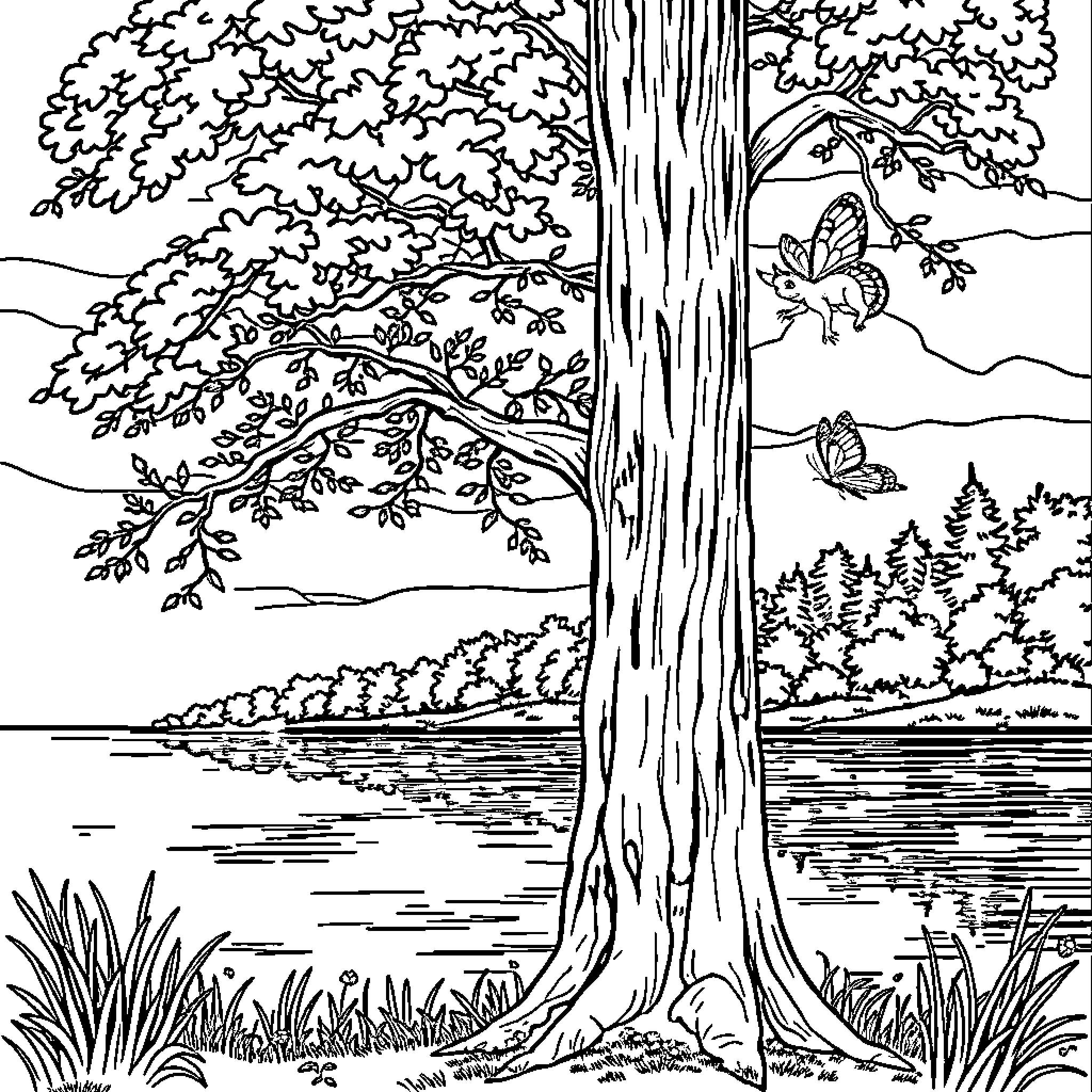 Tree in Serene Nature Landscape Coloring Page (free black-and-white line drawing printable PDF for all, from beginners to advanced learners, including children, teens, adults, and seniors)