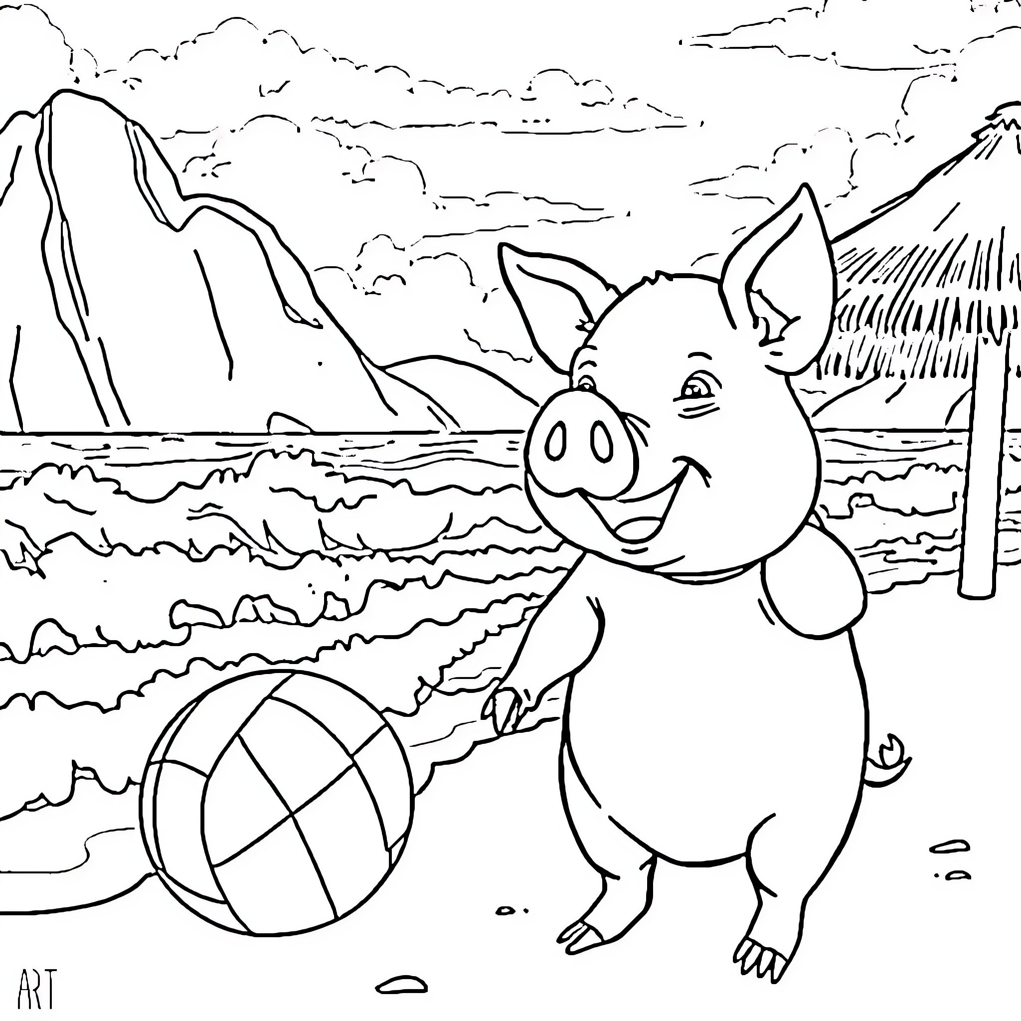 Pig playing with ball on the beach Coloring Page (free black-and-white line drawing printable PDF for all, from beginners to advanced learners, including children, teens, adults, and seniors)