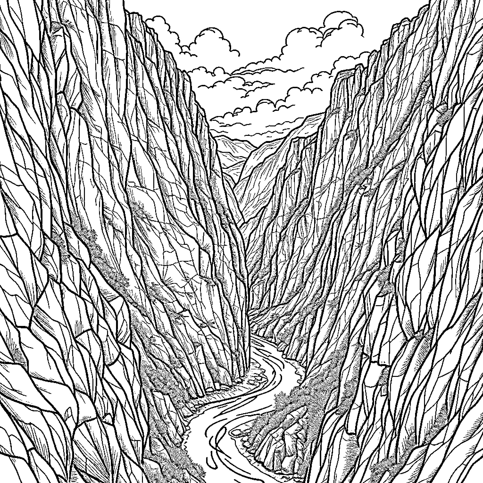 Tarn Gorges - Winding path through majestic rock formations Coloring Page (free black-and-white line drawing printable PDF for all, from beginners to advanced learners, including children, teens, adults, and seniors)
