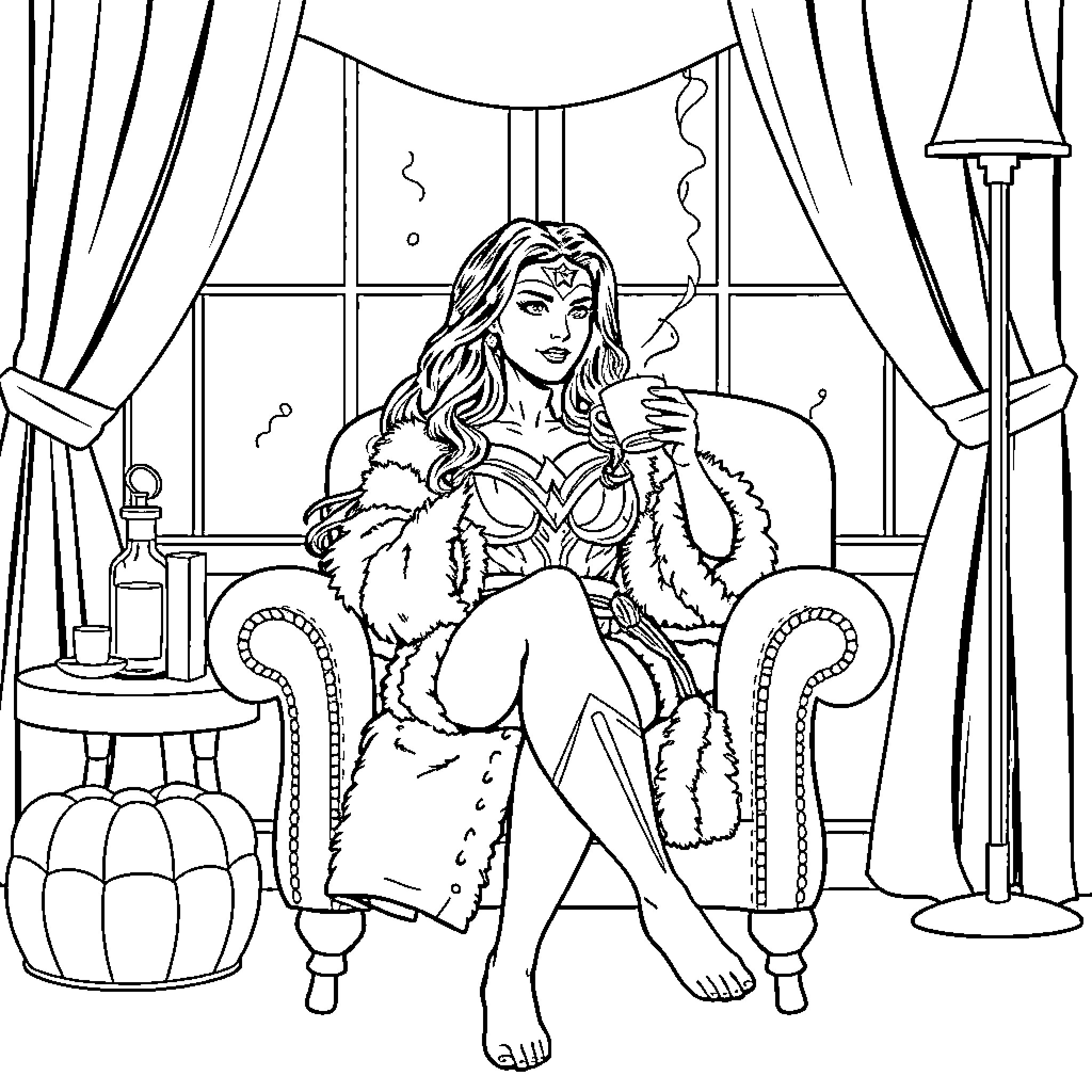 Wonder Woman relaxing in a cozy winter wonderland Coloring Page (free black-and-white line drawing printable PDF for all, from beginners to advanced learners, including children, teens, adults, and seniors)
