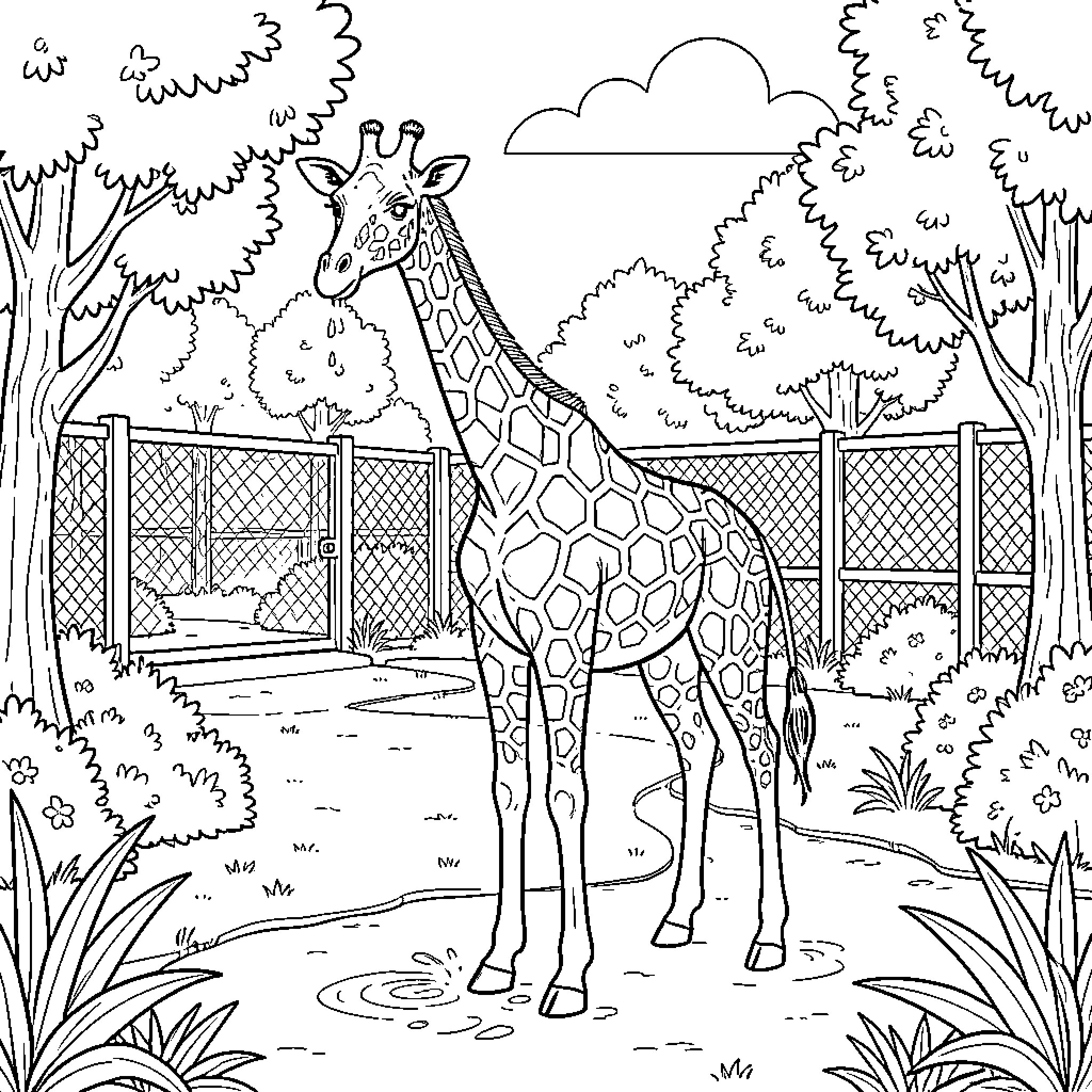 Giraffe standing peacefully near a garden fence Coloring Page (free black-and-white line drawing printable PDF for all, from beginners to advanced learners, including children, teens, adults, and seniors)