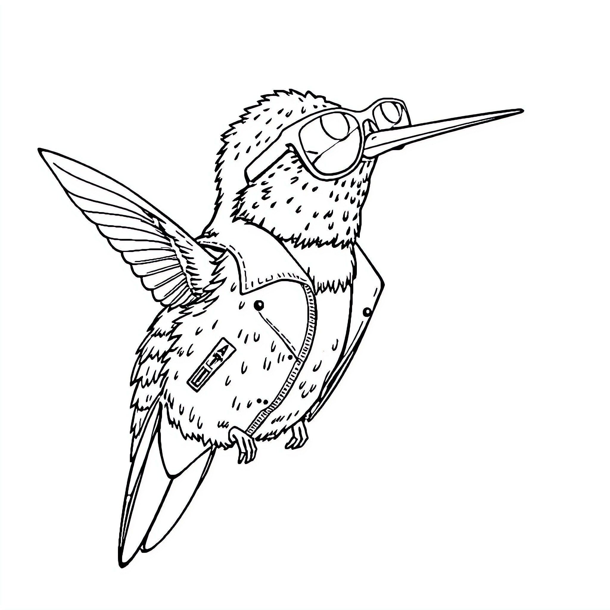 Hummingbird with gadgets and gizmos Coloring Page (free black-and-white line drawing printable PDF for all, from beginners to advanced learners, including children, teens, adults, and seniors)
