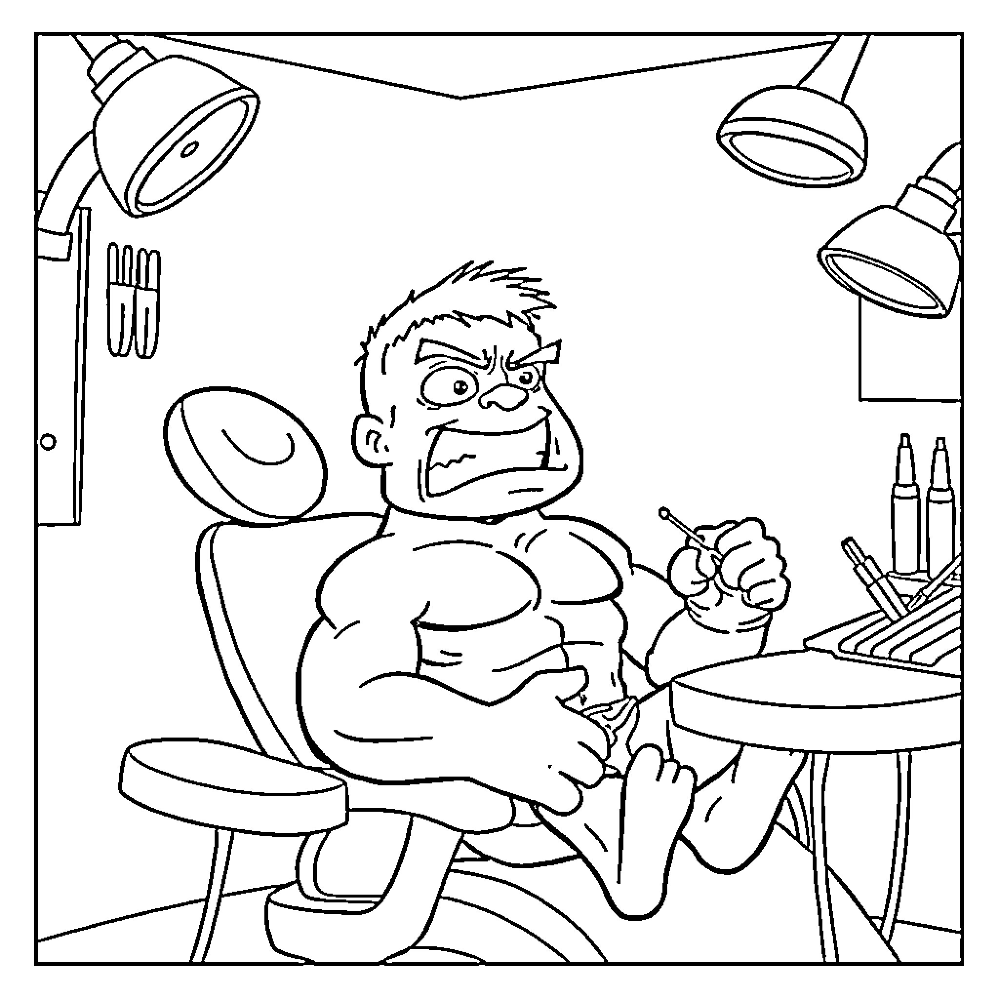 Hulk Unleashed in the Workshop Coloring Page (free black-and-white line drawing printable PDF for all, from beginners to advanced learners, including children, teens, adults, and seniors)