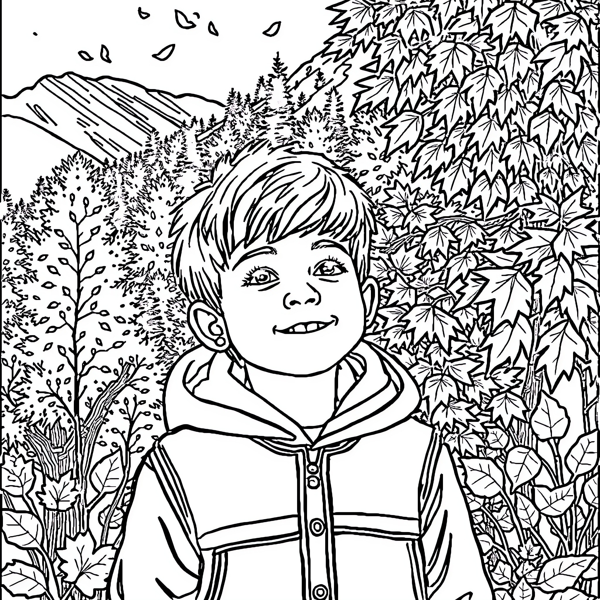 Fall Fun in the Autumn Landscape Coloring Page (free black-and-white line drawing printable PDF for all, from beginners to advanced learners, including children, teens, adults, and seniors)