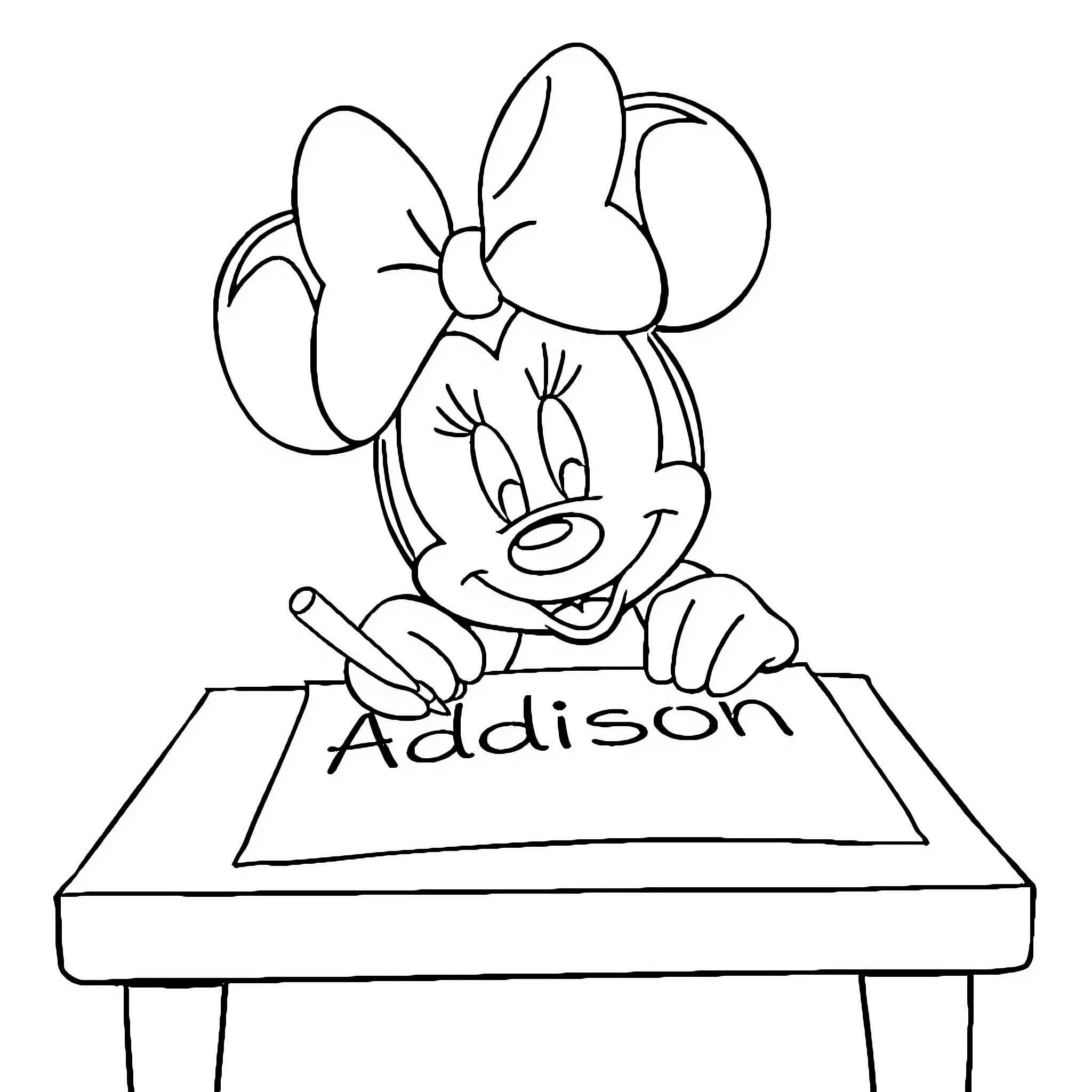 Minnie Mouse drawing on a desk Coloring Page (free black-and-white line drawing printable PDF for all, from beginners to advanced learners, including children, teens, adults, and seniors)