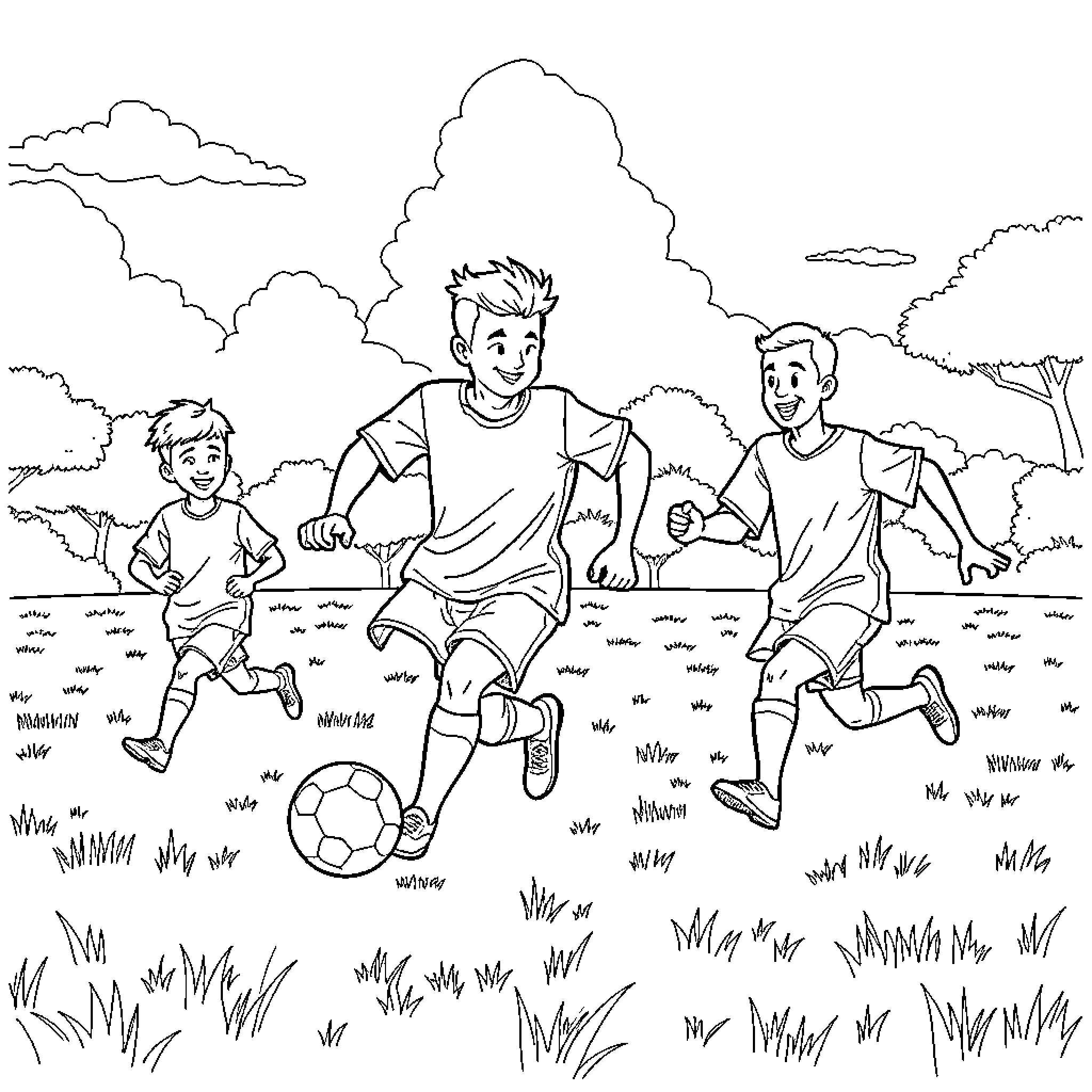 Hakimi playing soccer with friends in a park Coloring Page (free black-and-white line drawing printable PDF for all, from beginners to advanced learners, including children, teens, adults, and seniors)