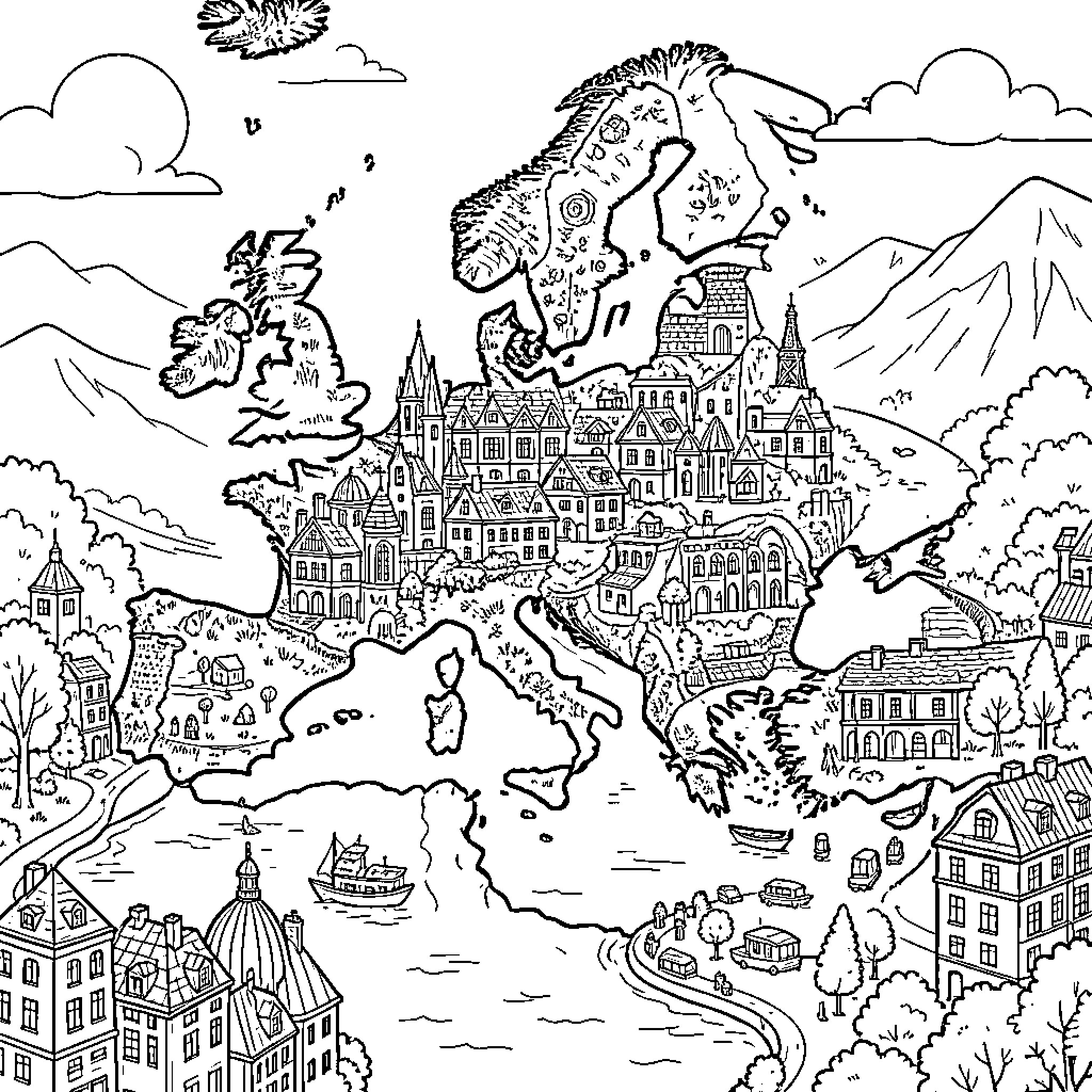 Europe's Whimsical Architectural Wonders and Landscapes Coloring Page (free black-and-white line drawing printable PDF for all, from beginners to advanced learners, including children, teens, adults, and seniors)