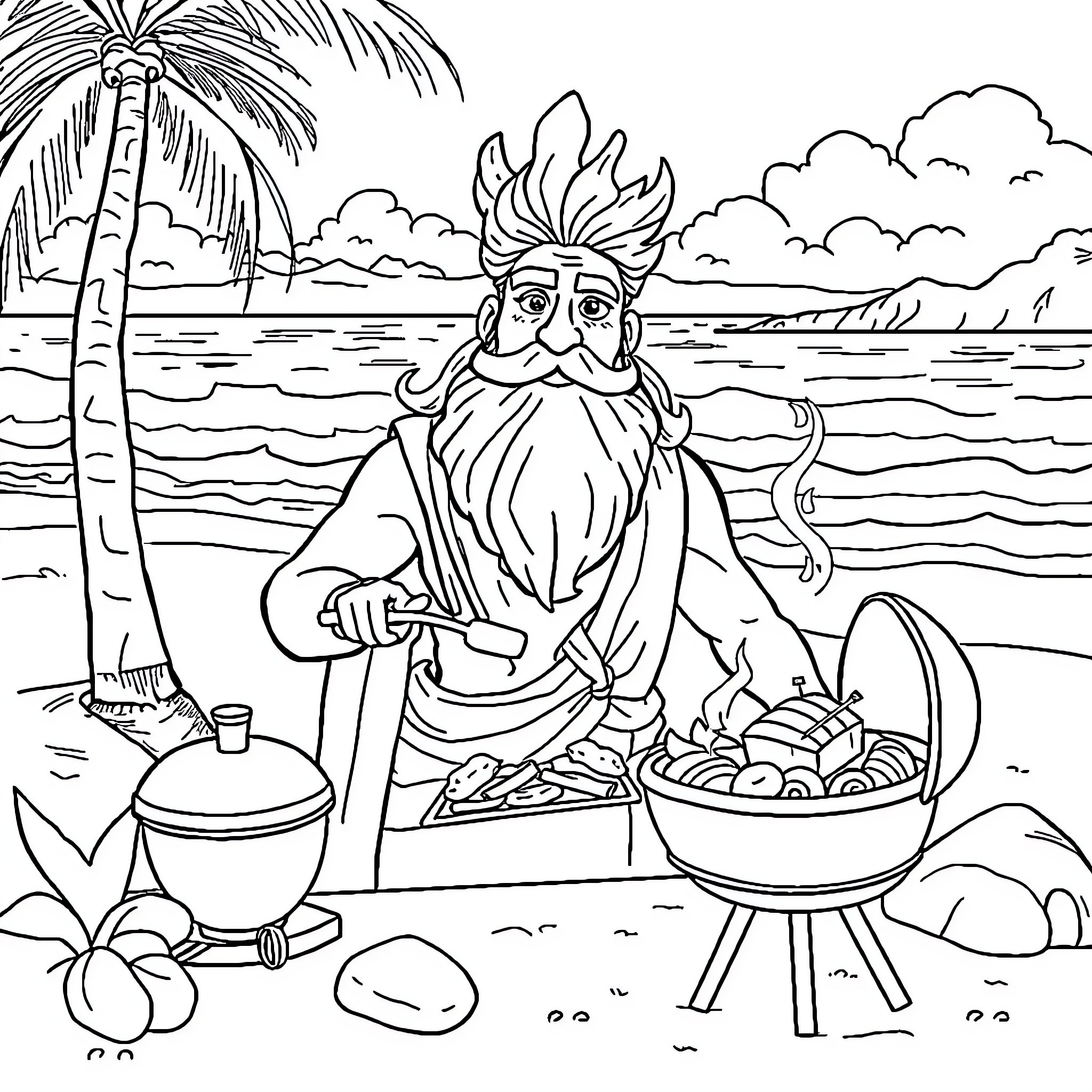 Zeus Grilling on the Beach Coloring Page (free black-and-white line drawing printable PDF for all, from beginners to advanced learners, including children, teens, adults, and seniors)