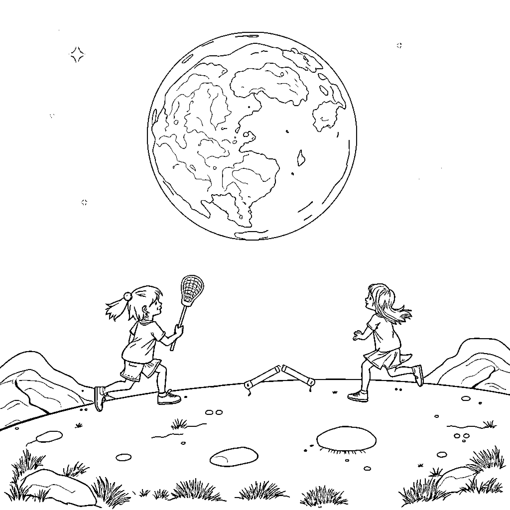 Kid playing outdoor sports on natural landscape Coloring Page (free black-and-white line drawing printable PDF for all, from beginners to advanced learners, including children, teens, adults, and seniors)