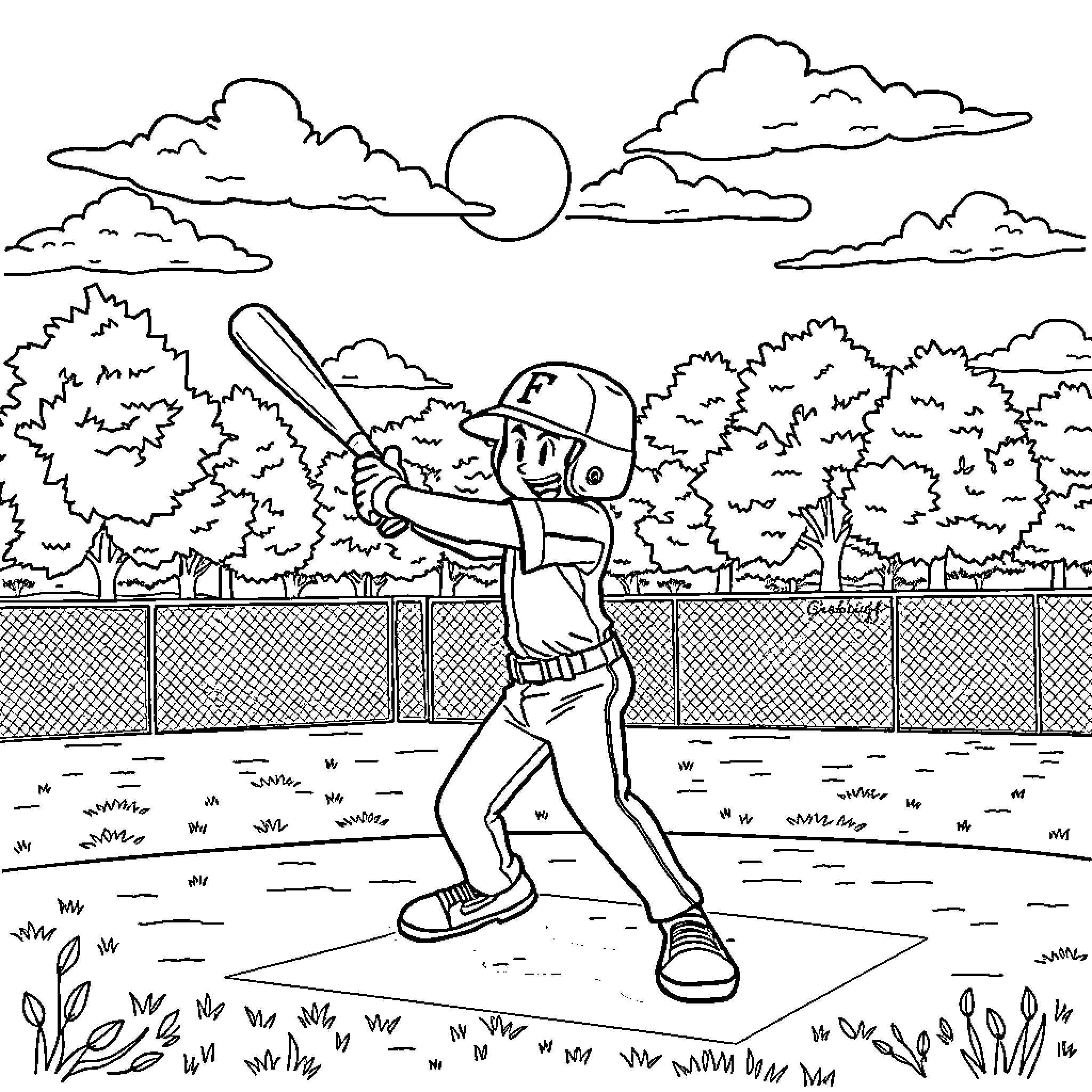 Gambit: Baseball Player Swinging Bat on Field Coloring Page (free black-and-white line drawing printable PDF for all, from beginners to advanced learners, including children, teens, adults, and seniors)