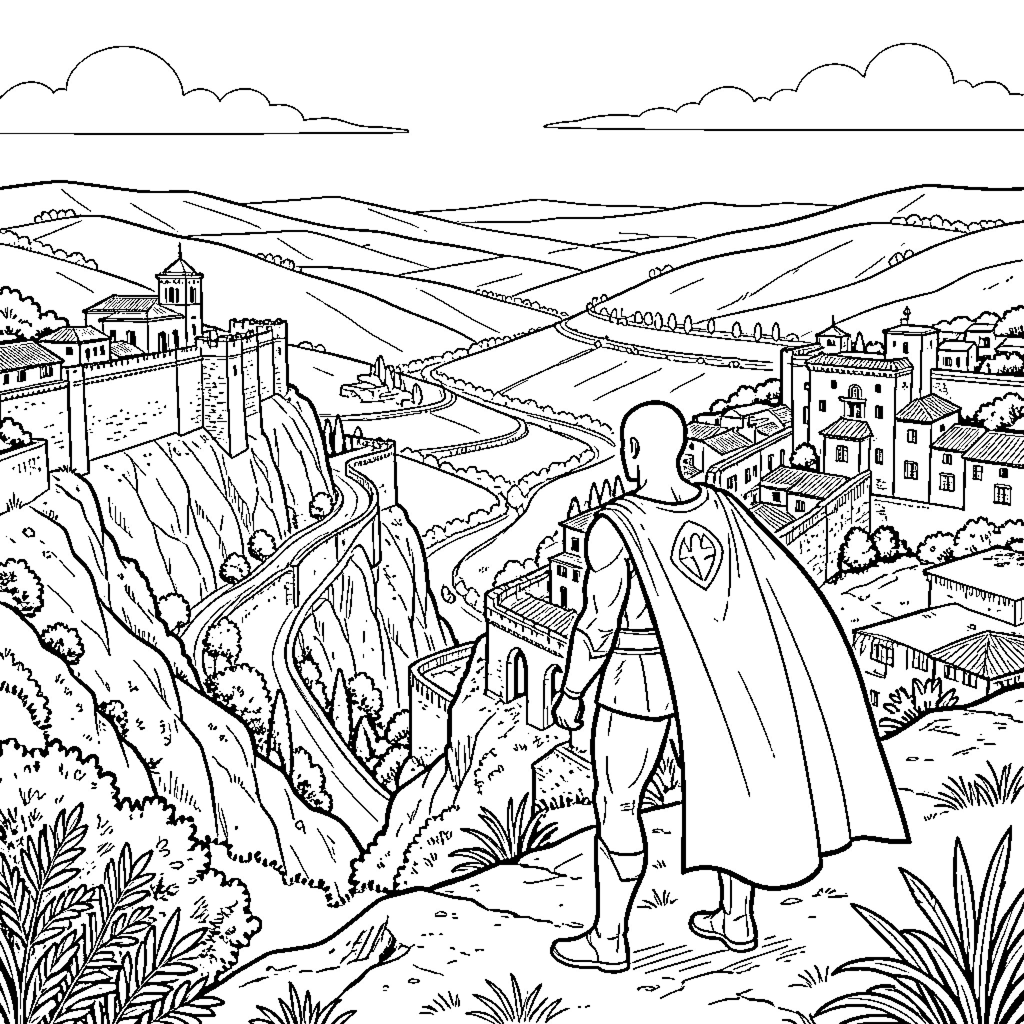 Superhero looking over a medieval city landscape Coloring Page (free black-and-white line drawing printable PDF for all, from beginners to advanced learners, including children, teens, adults, and seniors)