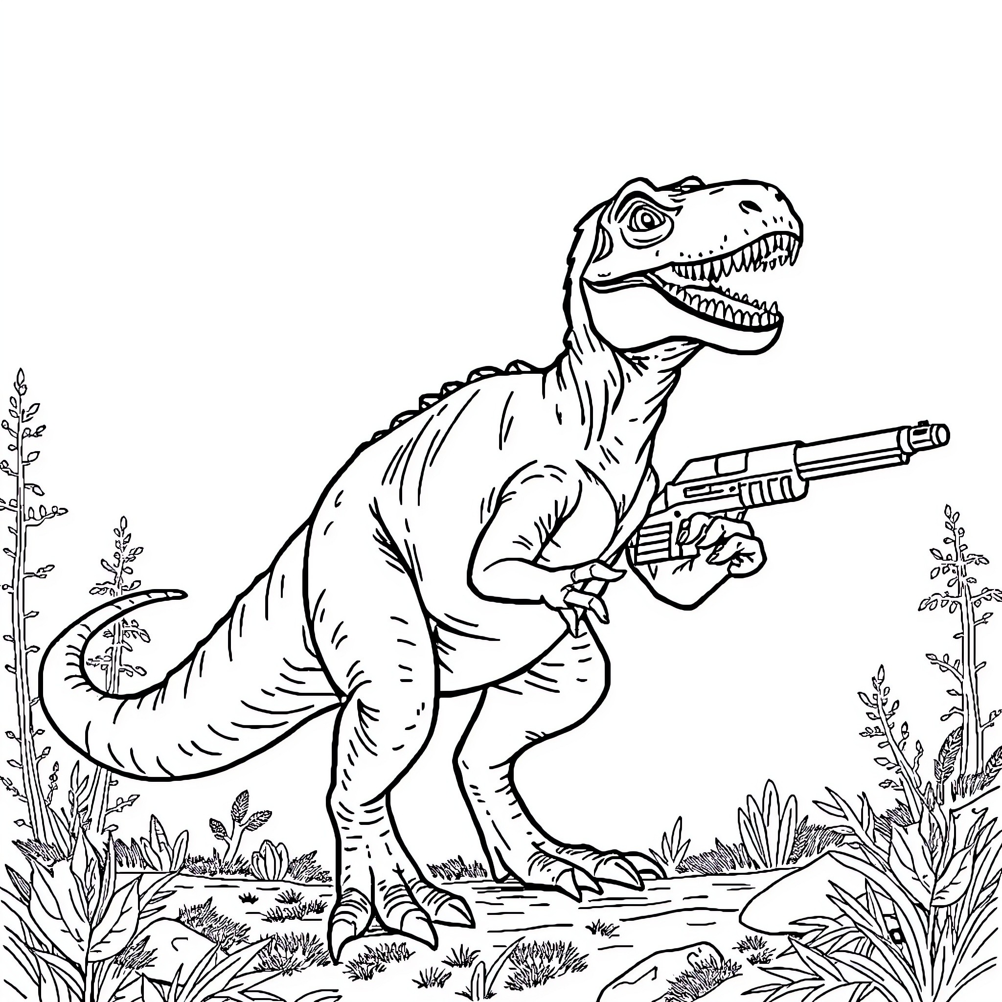 Dinosaur with Firearm Attacking in Jungle Coloring Page (free black-and-white line drawing printable PDF for all, from beginners to advanced learners, including children, teens, adults, and seniors)