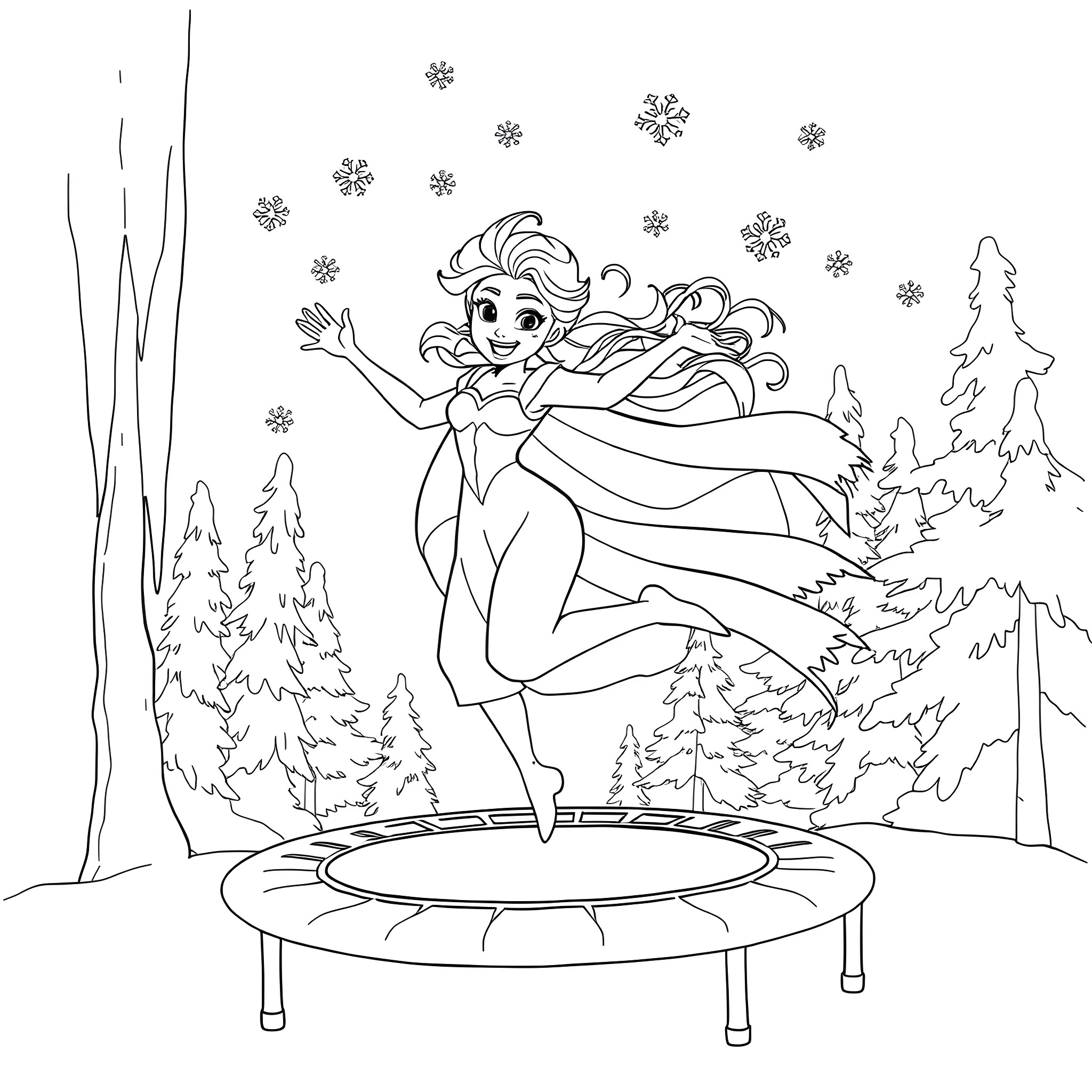 Elsa enjoying the winter wonderland Coloring Page (free black-and-white line drawing printable PDF for all, from beginners to advanced learners, including children, teens, adults, and seniors)