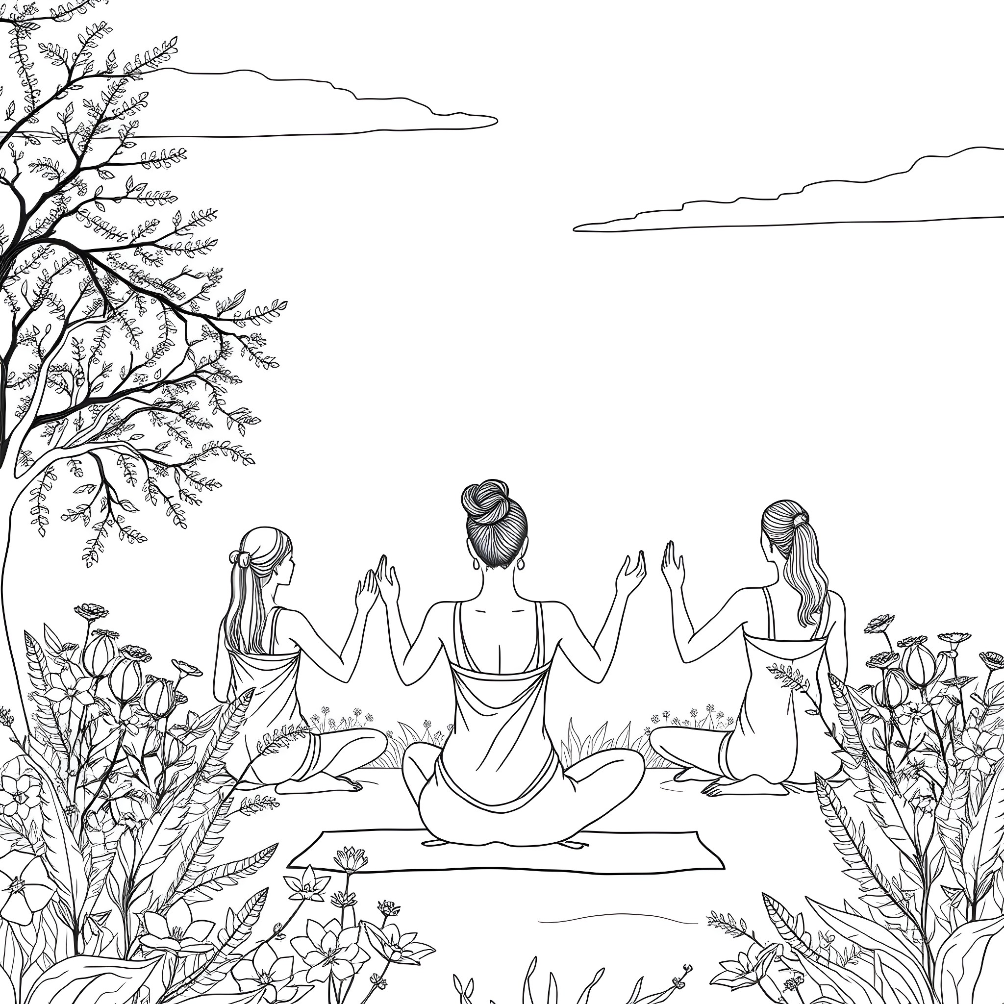 Women practicing yoga outdoors in nature Coloring Page (free black-and-white line drawing printable PDF for all, from beginners to advanced learners, including children, teens, adults, and seniors)