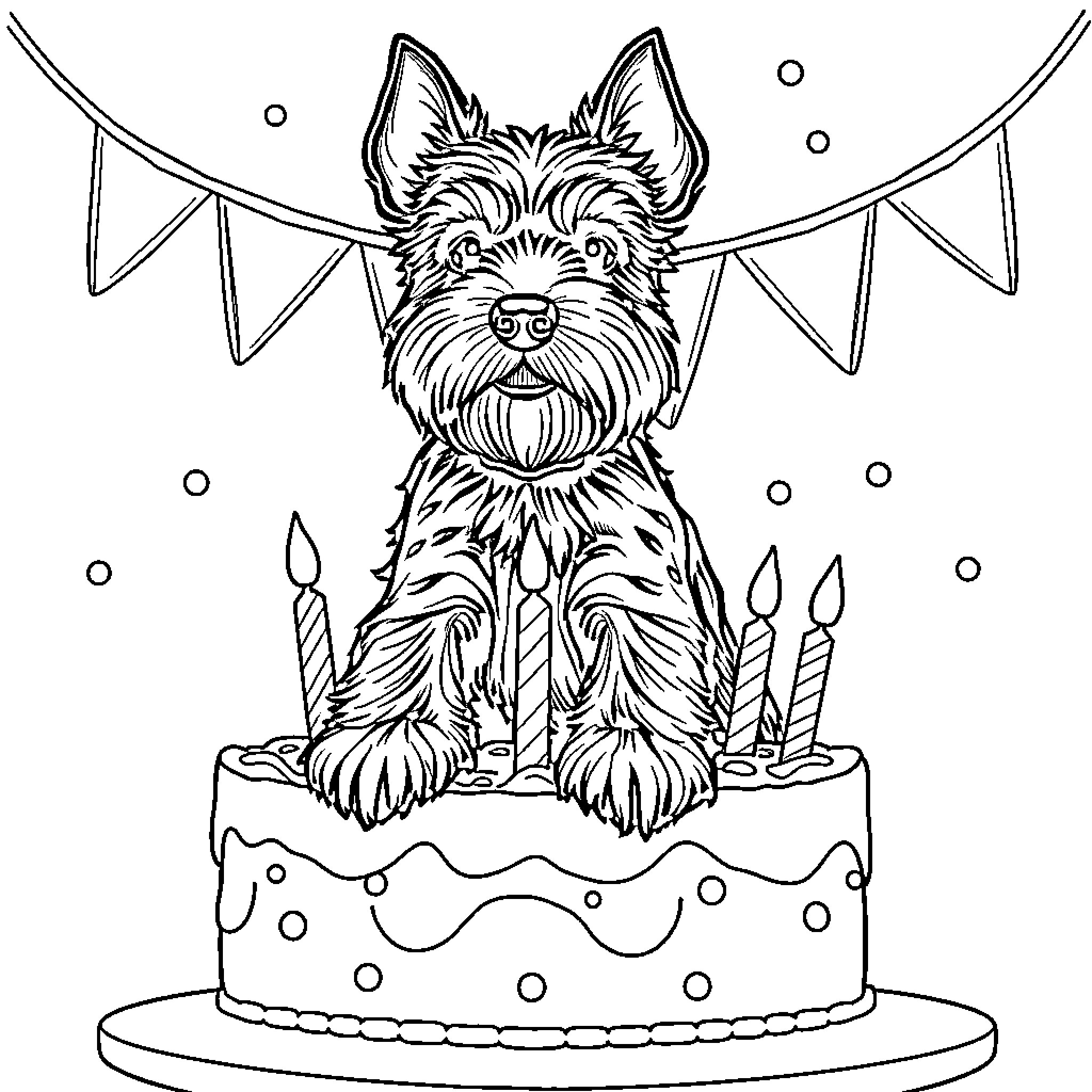 Schnauzer celebrating birthday with cake and balloons Coloring Page (free black-and-white line drawing printable PDF for all, from beginners to advanced learners, including children, teens, adults, and seniors)