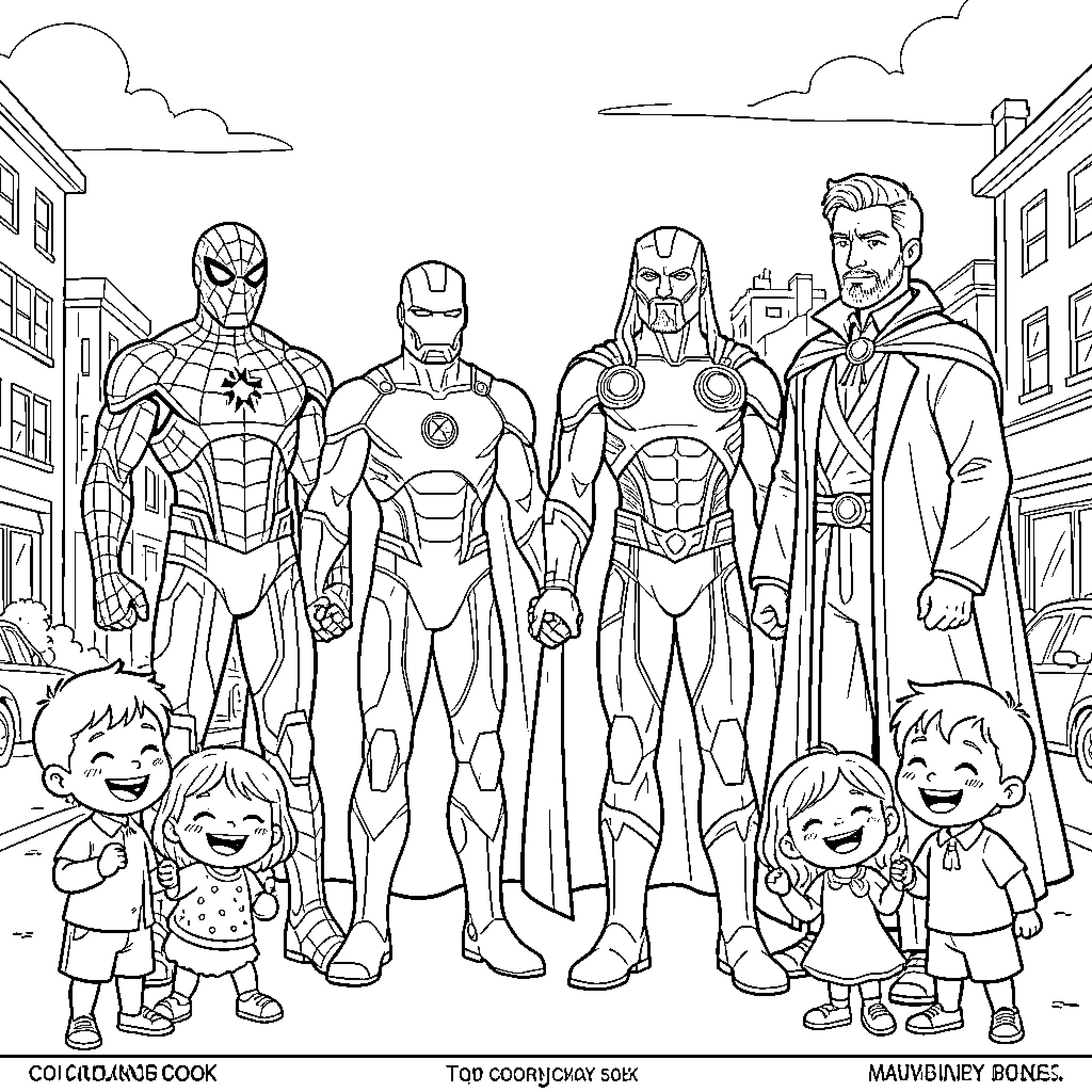 Superhero team standing heroically with happy children Coloring Page (free black-and-white line drawing printable PDF for all, from beginners to advanced learners, including children, teens, adults, and seniors)
