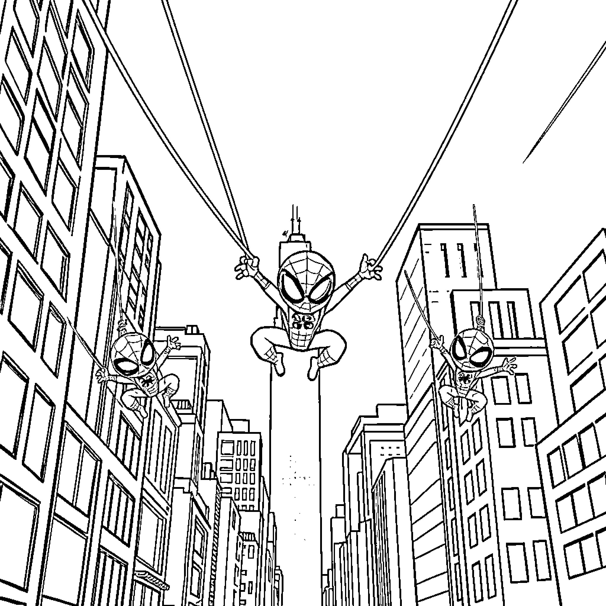 Spider-Man swinging through the city skyline Coloring Page (free black-and-white line drawing printable PDF for all, from beginners to advanced learners, including children, teens, adults, and seniors)