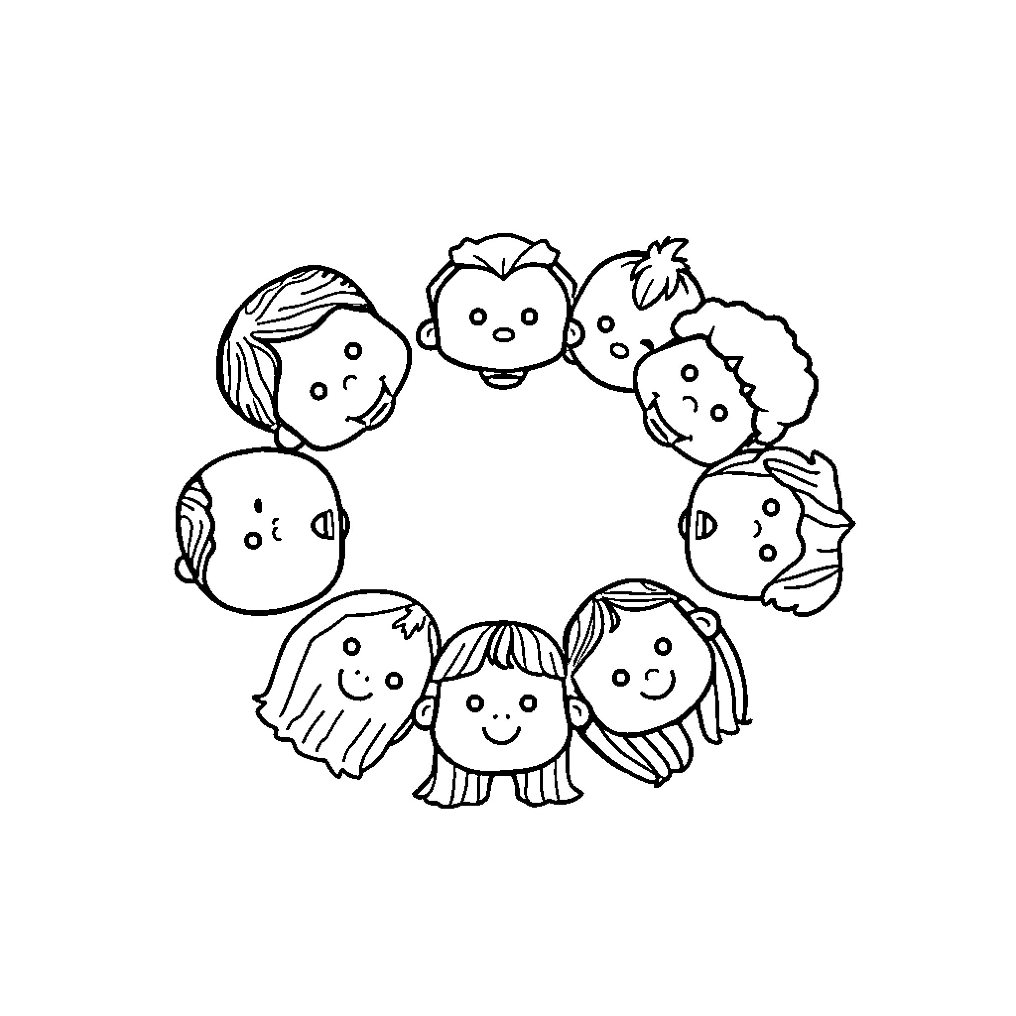 Plim Plim Smiling Cartoon Characters Gathered Together Coloring Page (free black-and-white line drawing printable PDF for all, from beginners to advanced learners, including children, teens, adults, and seniors)