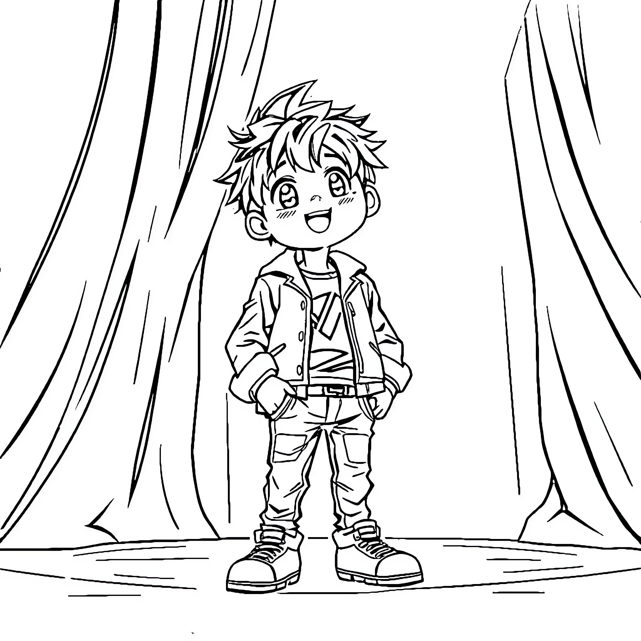 Bangchan's Joyful Expression and Casual Outfit Coloring Page (free black-and-white line drawing printable PDF for all, from beginners to advanced learners, including children, teens, adults, and seniors)