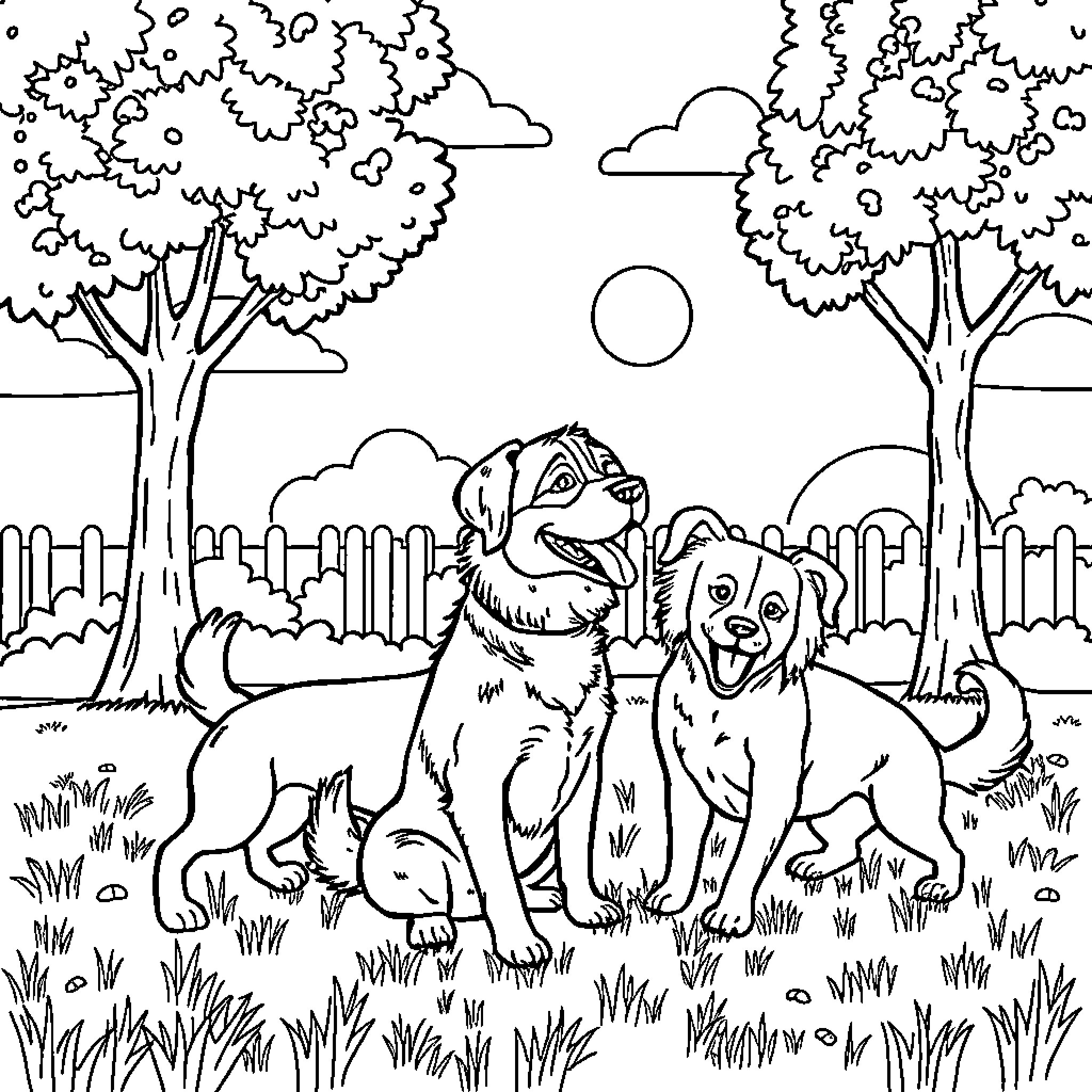 Dog friends playing together in nature Coloring Page (free black-and-white line drawing printable PDF for all, from beginners to advanced learners, including children, teens, adults, and seniors)
