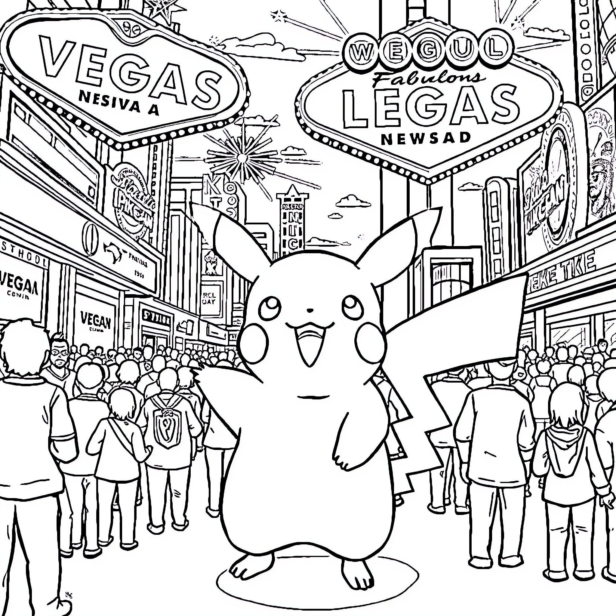 Pikachu exploring the vibrant and lively Vegas city Coloring Page (free black-and-white line drawing printable PDF for all, from beginners to advanced learners, including children, teens, adults, and seniors)